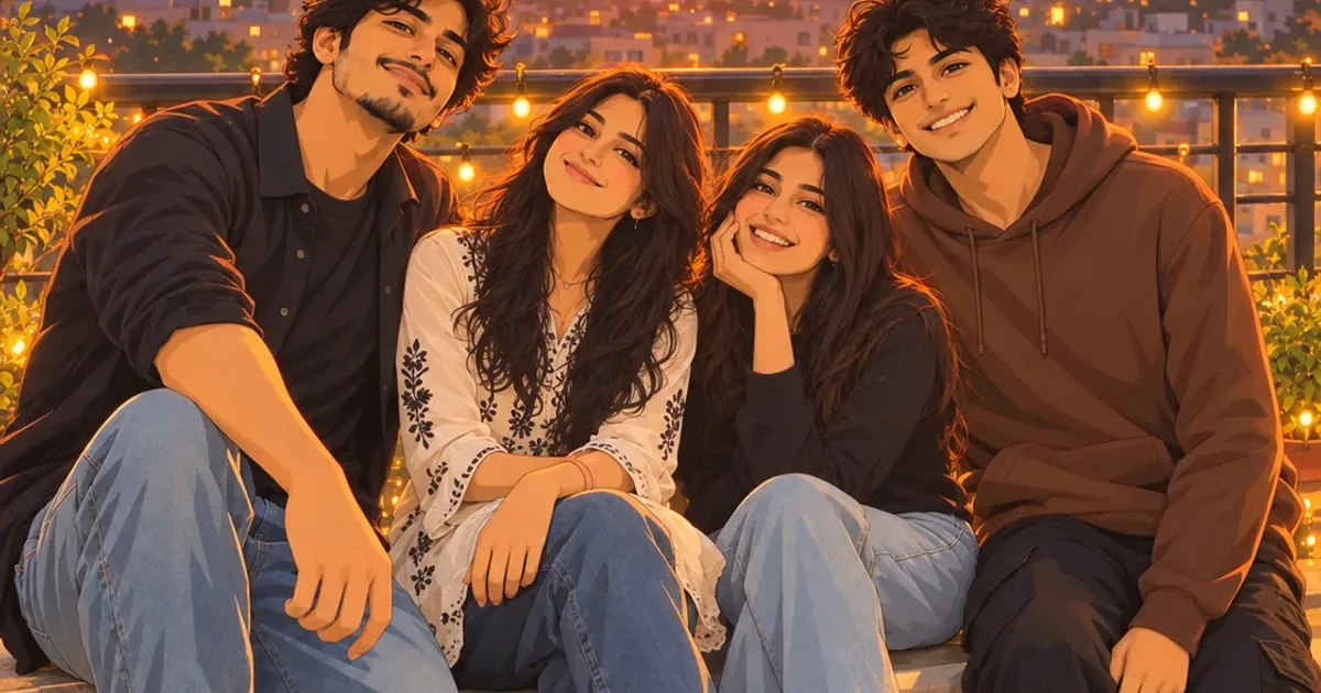Anime-style illustration of four friends seated on a rooftop ledge with fairy lights, city skyline and a vivid orange sunset.