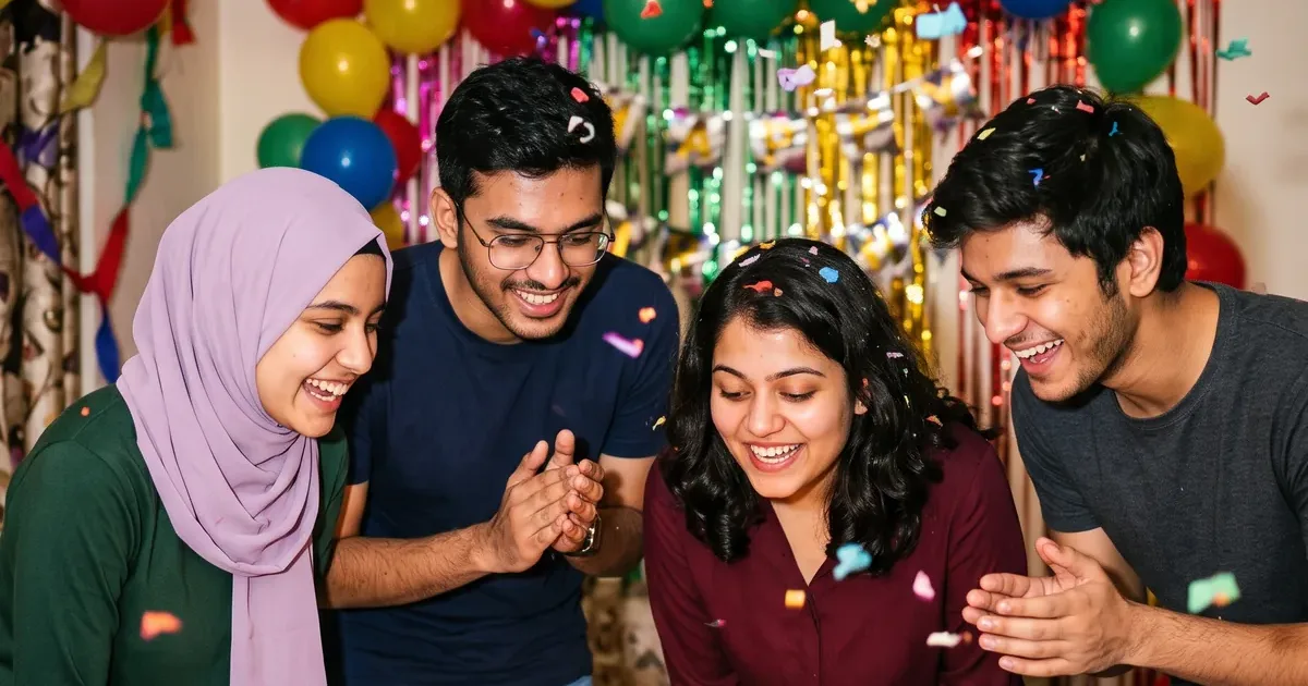 Realistic party photo of four friends laughing around a candle-lit white cake with confetti, balloons and streamers.
