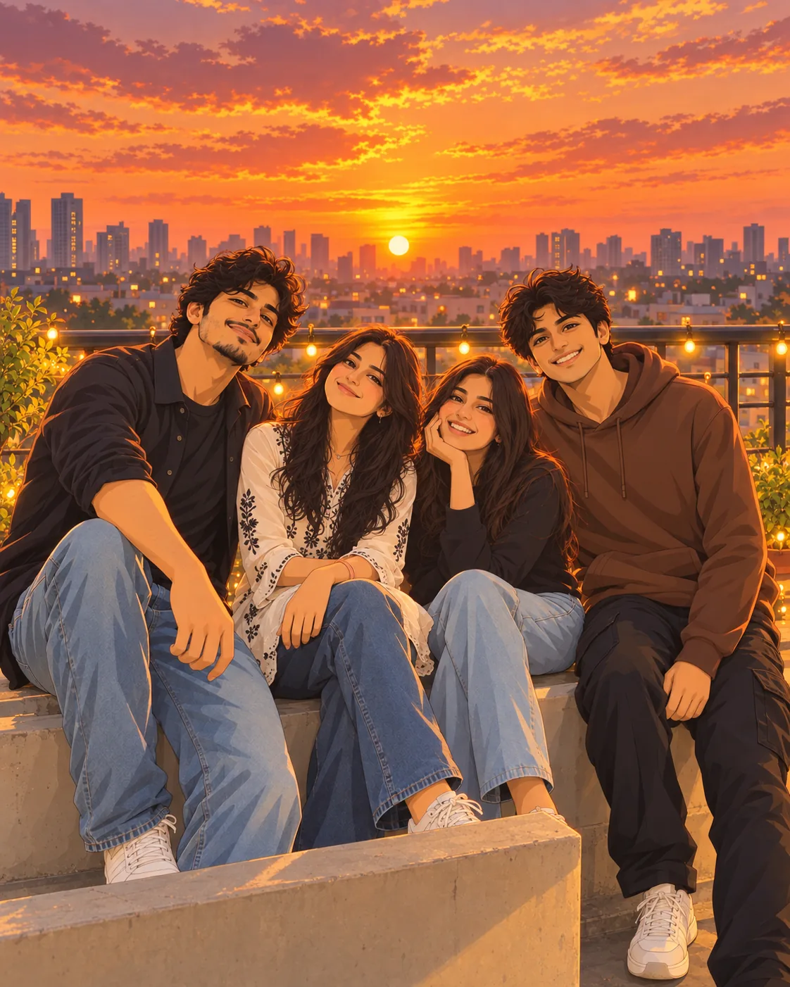 AI result showing Rooftop Sunset Anime Friends AI Photo Prompt