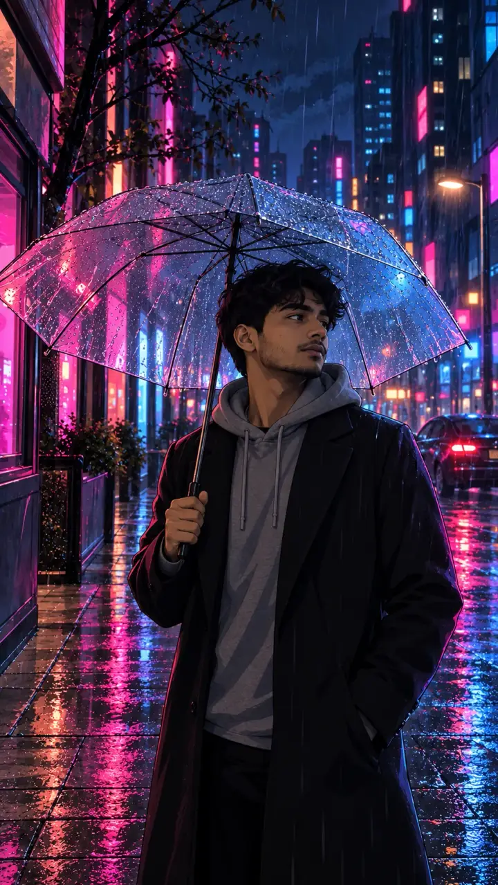 Rainy Night Street Anime Boy AI Photo Prompt AI photo result