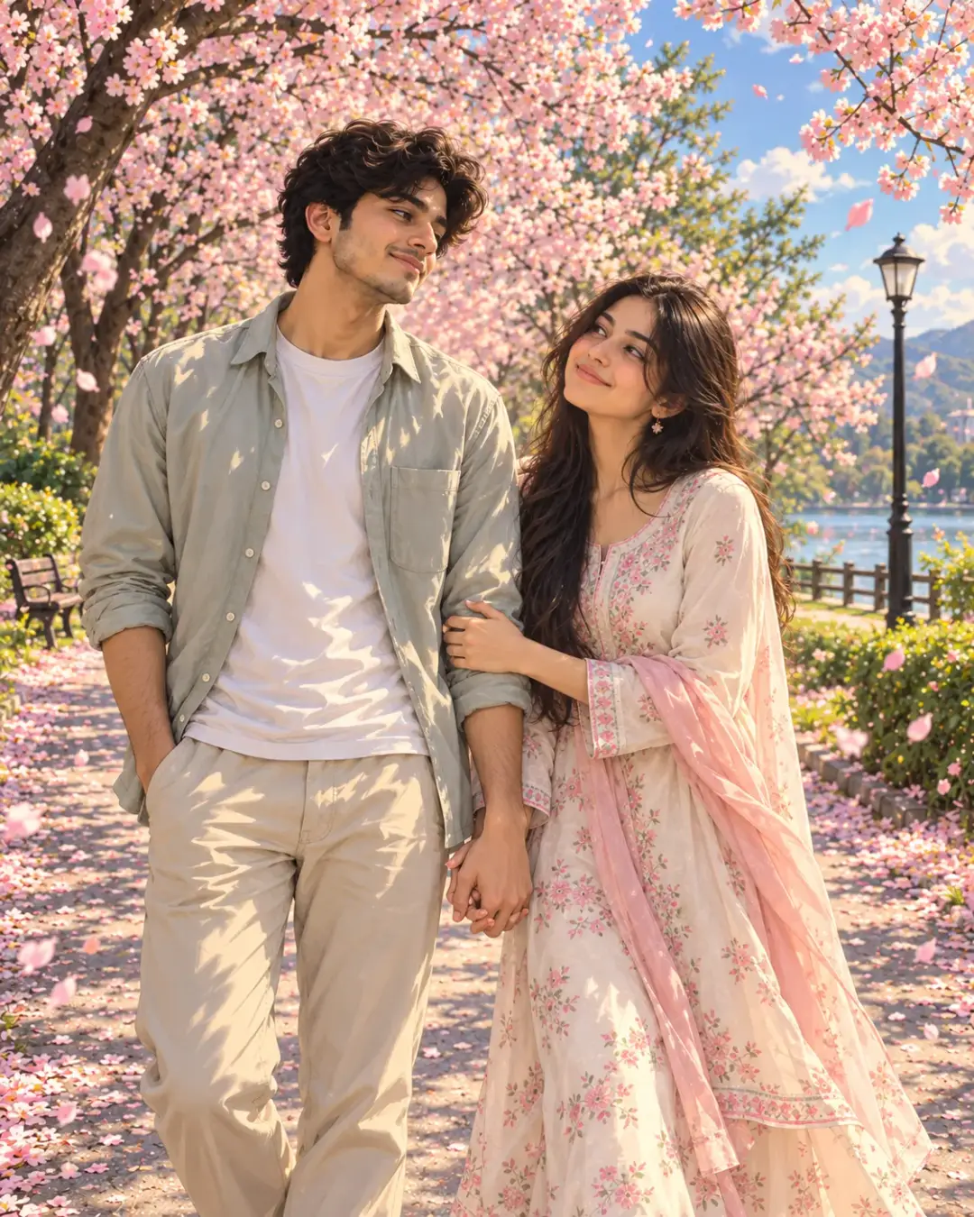 Soft anime-style illustration of the man and woman arm in arm, sage shirt and cream kurta with pink dupatta, under cherry blossoms by a lake with falling petals.