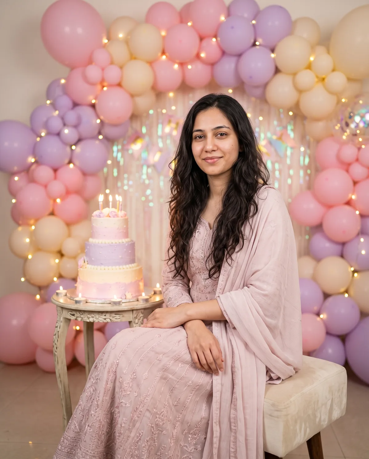 Realistic photo of the same woman in a blush-pink embroidered anarkali and dupatta, seated on a cream stool beside a three-tier pastel cake with lit candles, in front of a pink, lilac and cream balloon garland with fairy lights.