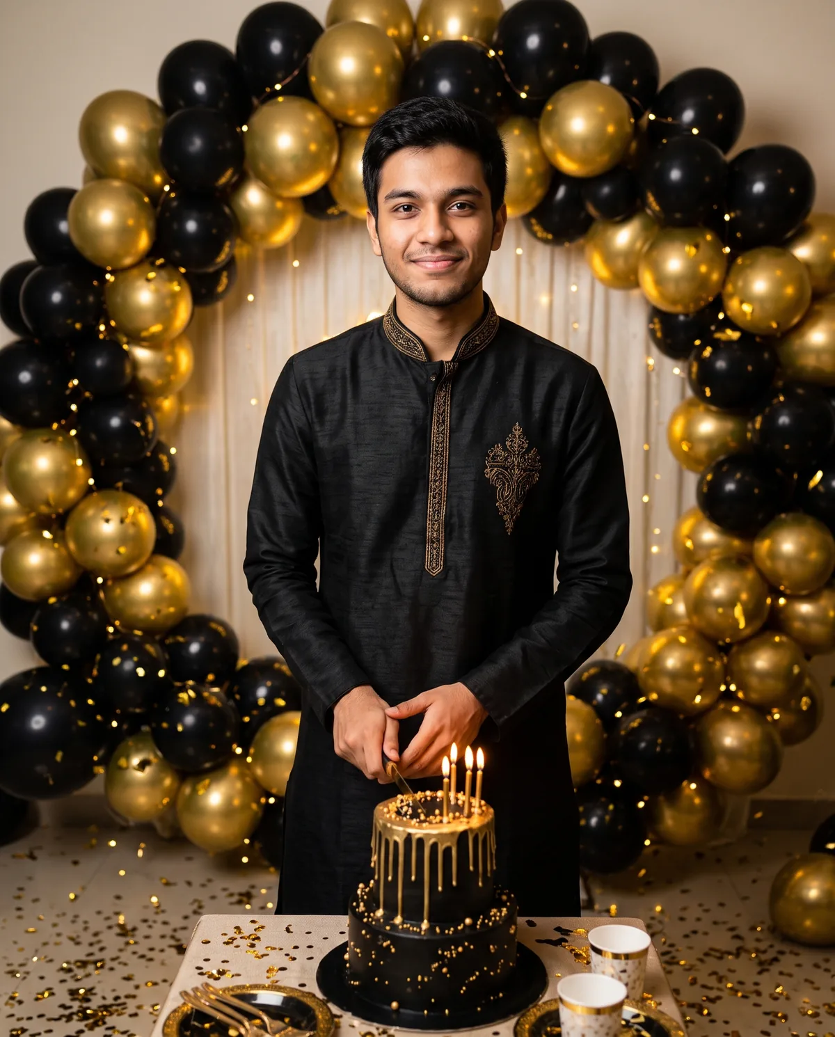 Realistic photo of the same young man in a black kurta with gold embroidery, holding a knife to a black cake with gold drip and lit candles, under a black and gold balloon arch with gold confetti on the table and floor.