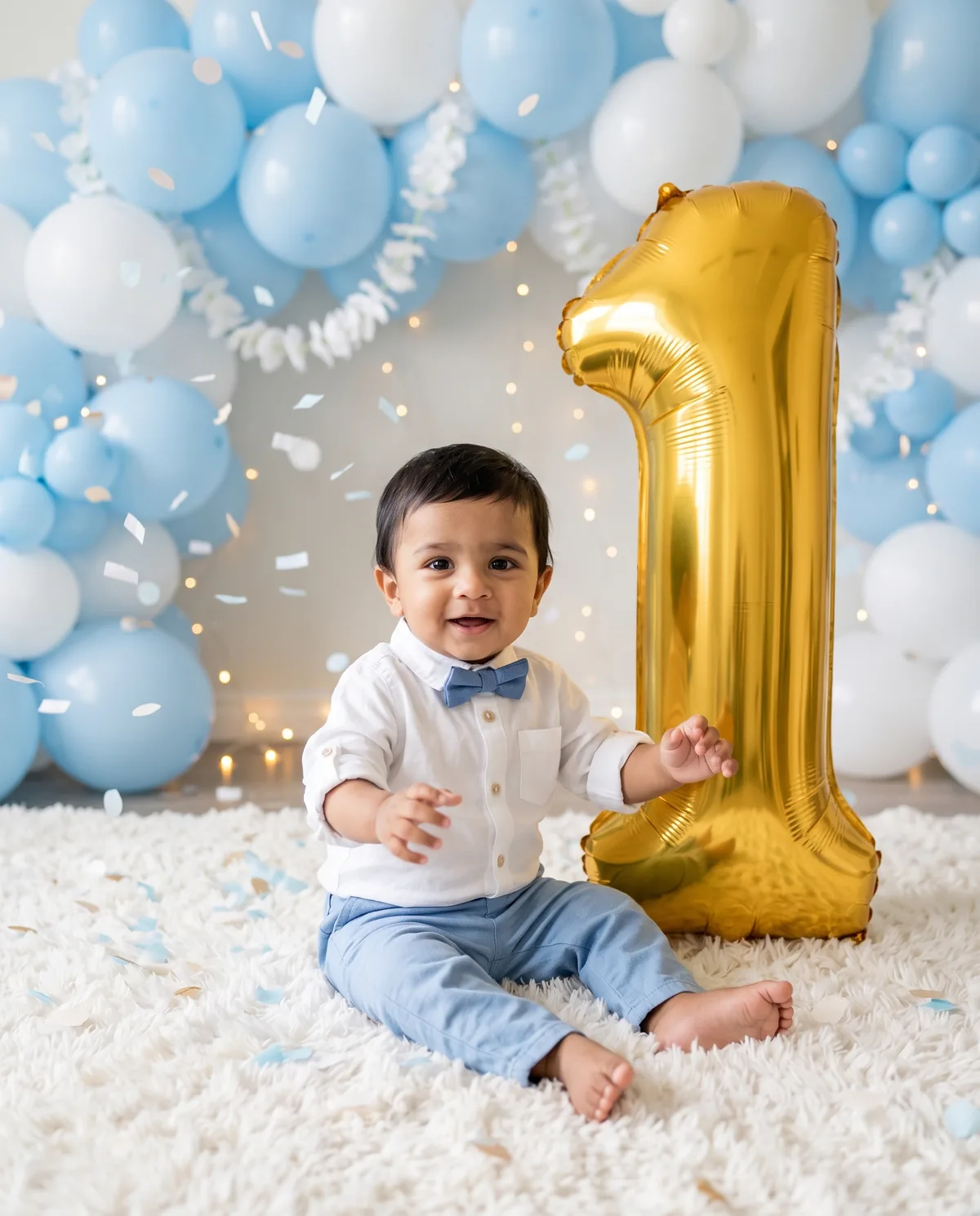 Realistic photo of the same baby boy in a white shirt, blue bow tie and light-blue trousers, smiling on a fluffy white rug beside a giant gold number 1 balloon, with blue and white balloons, fairy lights and falling confetti.