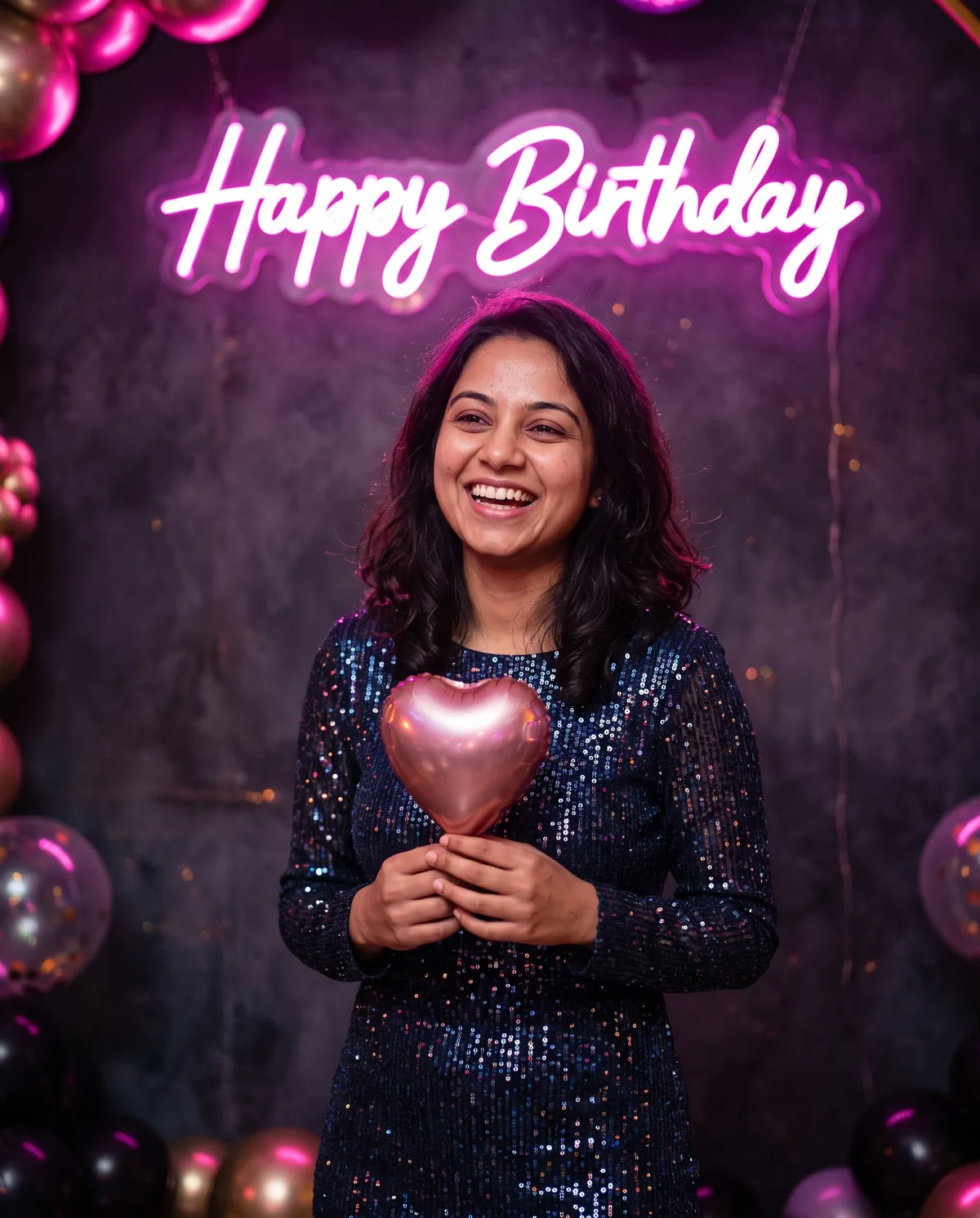 Realistic photo of the same woman laughing in a navy sequined long-sleeve dress, holding a pink heart-shaped balloon, under a pink cursive "Happy Birthday" neon sign on a dark wall with metallic balloons.