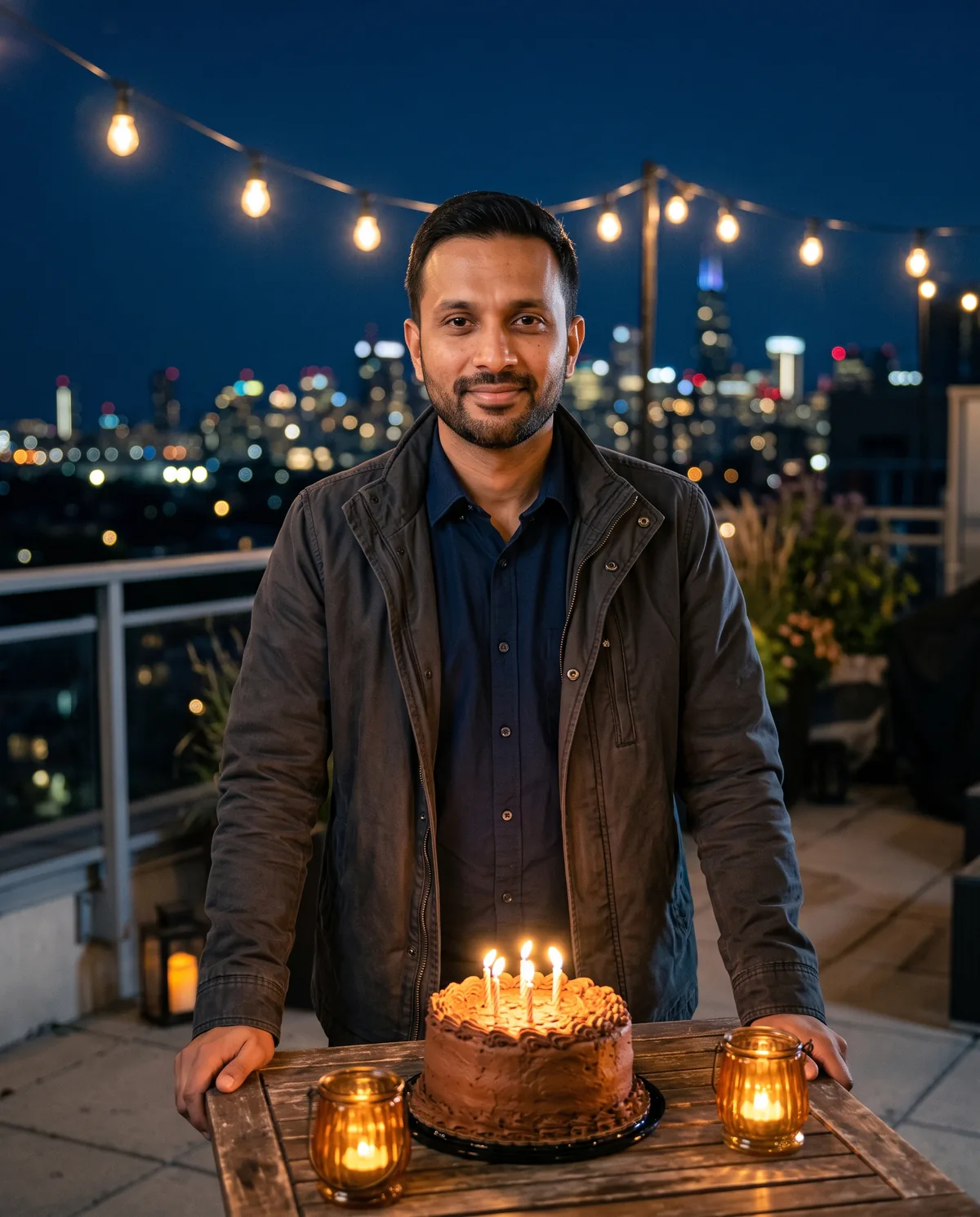 Realistic night photo of the same man in a dark jacket over a navy shirt, leaning on a wooden table with a chocolate cake with lit candles and two glass candle holders, on a rooftop with string lights and a city skyline.