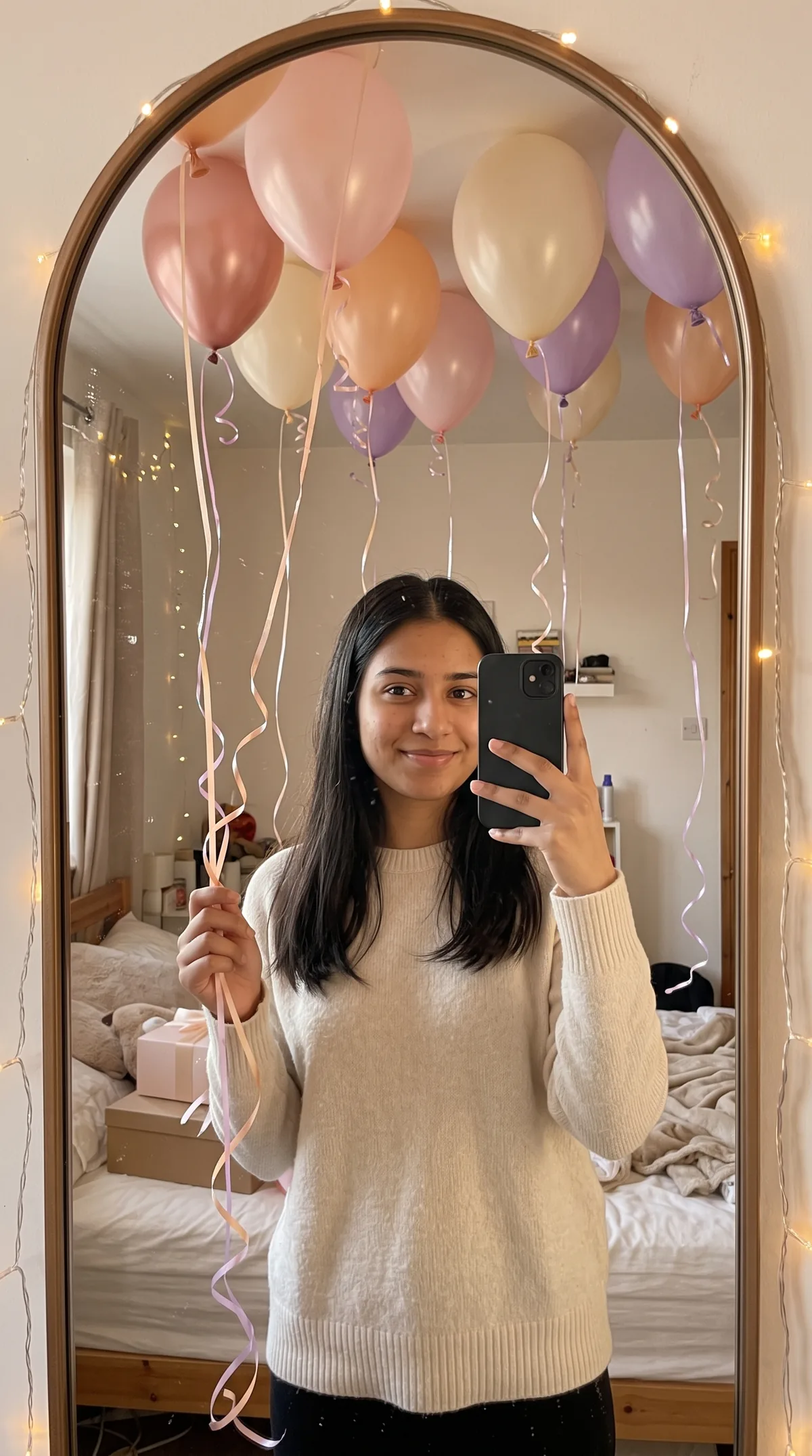 Realistic mirror selfie of the same woman in a beige ribbed turtleneck knit dress, holding a plain phone and the ribbons of pink, peach and cream balloons floating at the ceiling, reflected in an arched mirror in her bedroom strung with fairy lights.