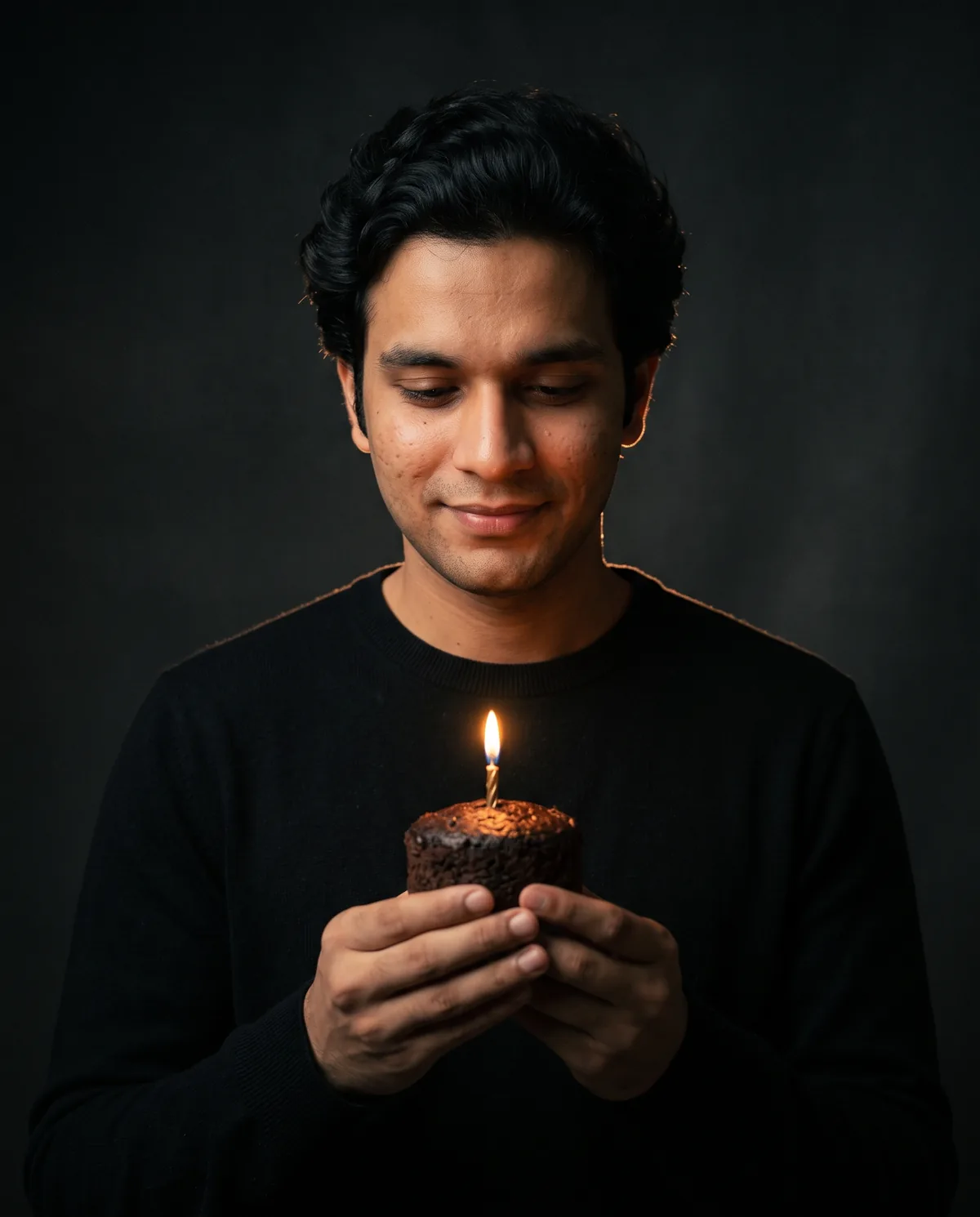 Moody low-key photo of the same young man with wavy black hair in a black sweater, smiling softly down at a small chocolate cake with one lit candle held in both hands, against a dark backdrop.