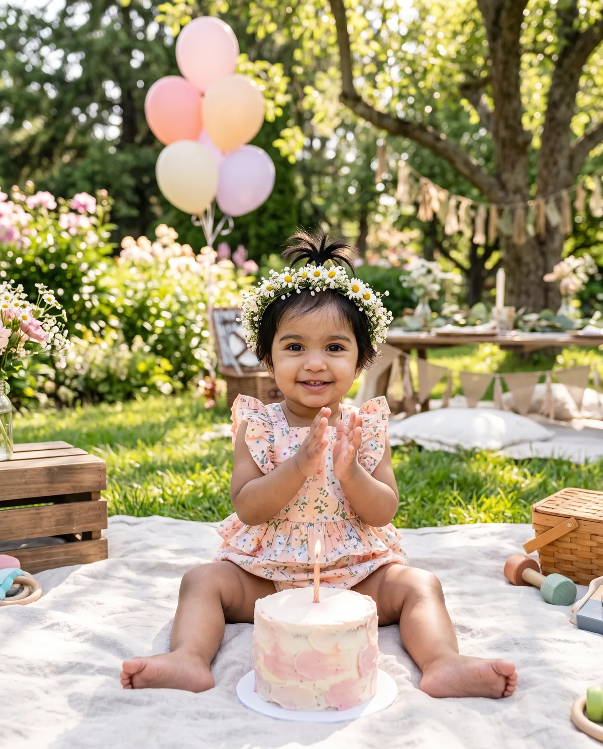 Realistic photo of the same toddler in a peach floral ruffled romper and daisy flower crown, clapping on a picnic blanket in front of a small pink cake with one candle, in a sunny garden with pastel balloons, bunting and picnic baskets.