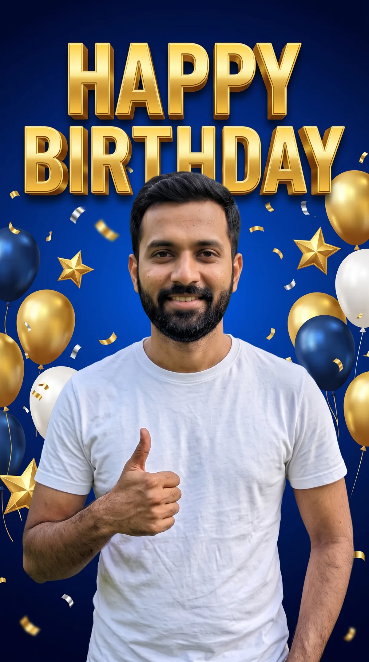 Story-format poster of the same man in a white t-shirt giving a thumbs-up under giant gold 3D "HAPPY BIRTHDAY" letters, on a royal-blue background with navy, gold and white balloons, gold stars and confetti.