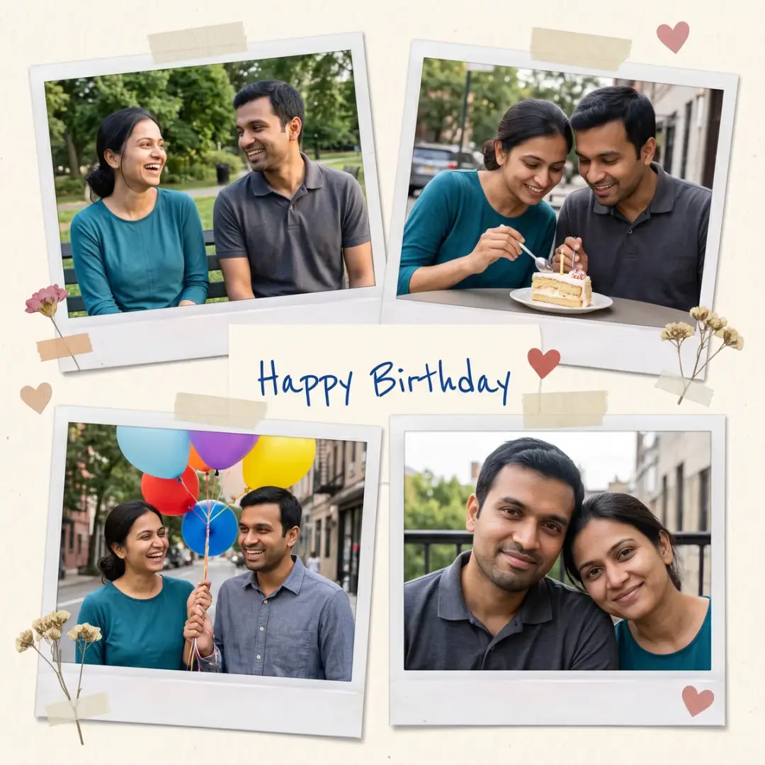 Scrapbook collage of four instant-print photos of the woman in teal and the man in grey together: laughing on a bench, sharing cake, holding colorful balloons, and a close cheek-to-cheek portrait, with a blue handwritten "Happy Birthday" caption, washi tape, hearts and dried flowers.