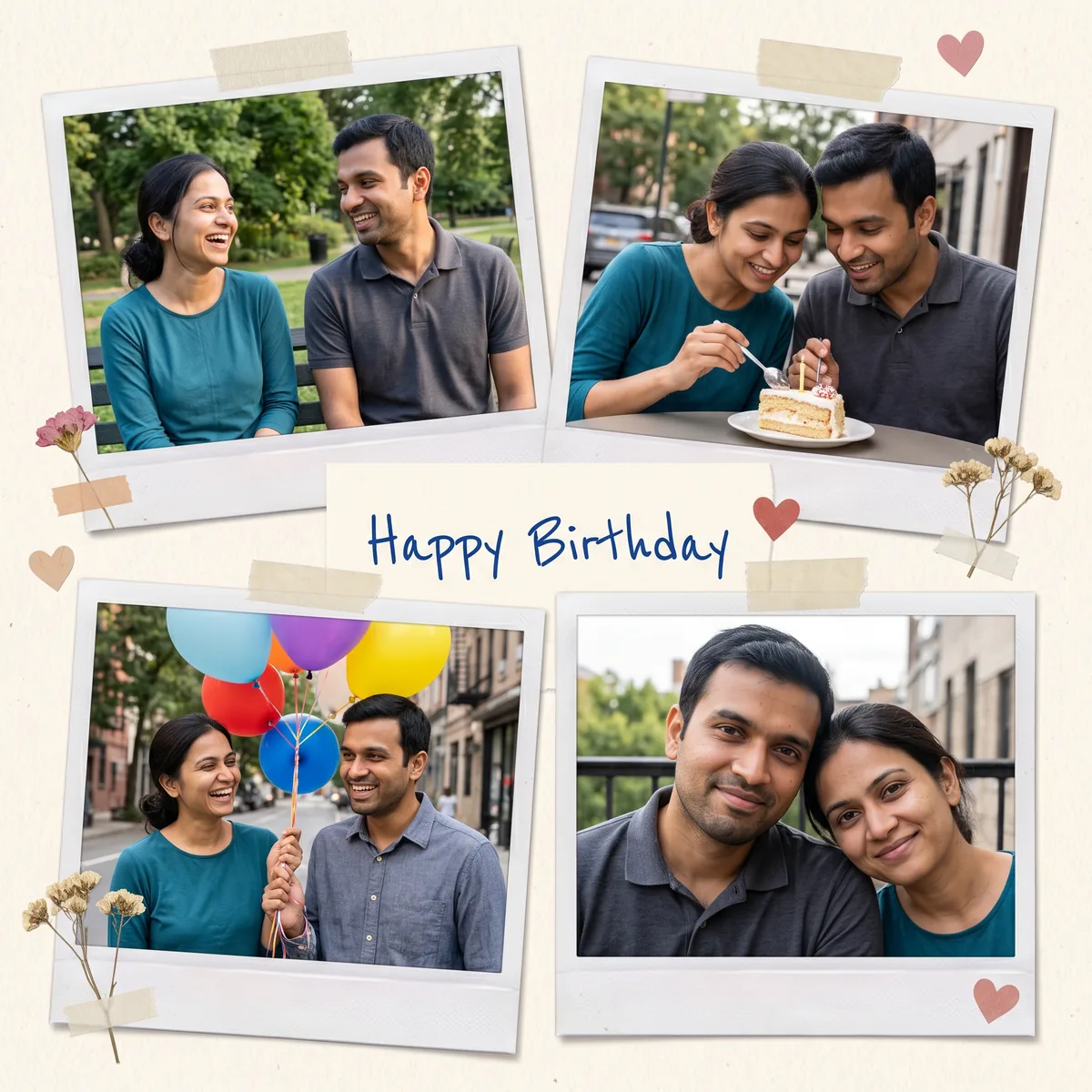 Scrapbook collage of four instant-print photos of the woman in teal and the man in grey together: laughing on a bench, sharing cake, holding colorful balloons, and a close cheek-to-cheek portrait, with a blue handwritten "Happy Birthday" caption, washi tape, hearts and dried flowers.