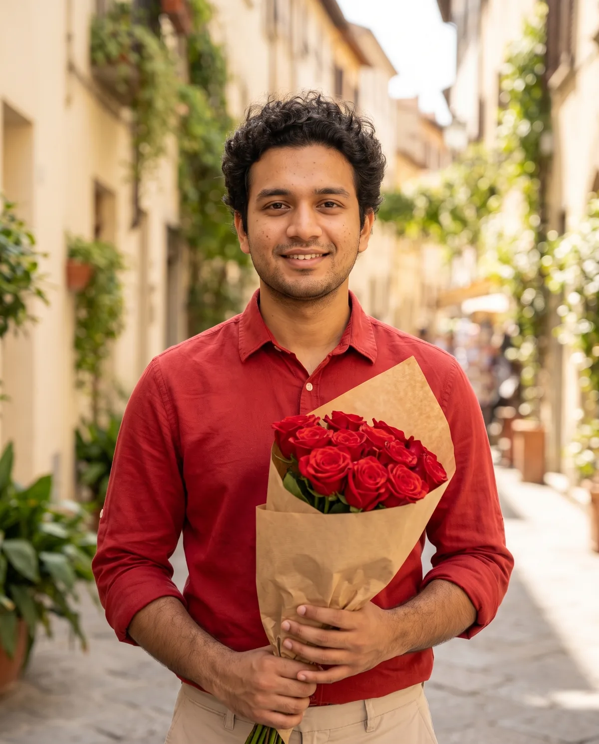 Realistic daylight photo of the same young man in a red shirt with rolled sleeves and beige trousers, holding a bouquet of red roses wrapped in kraft paper on a sunny cream-walled street with green plants.