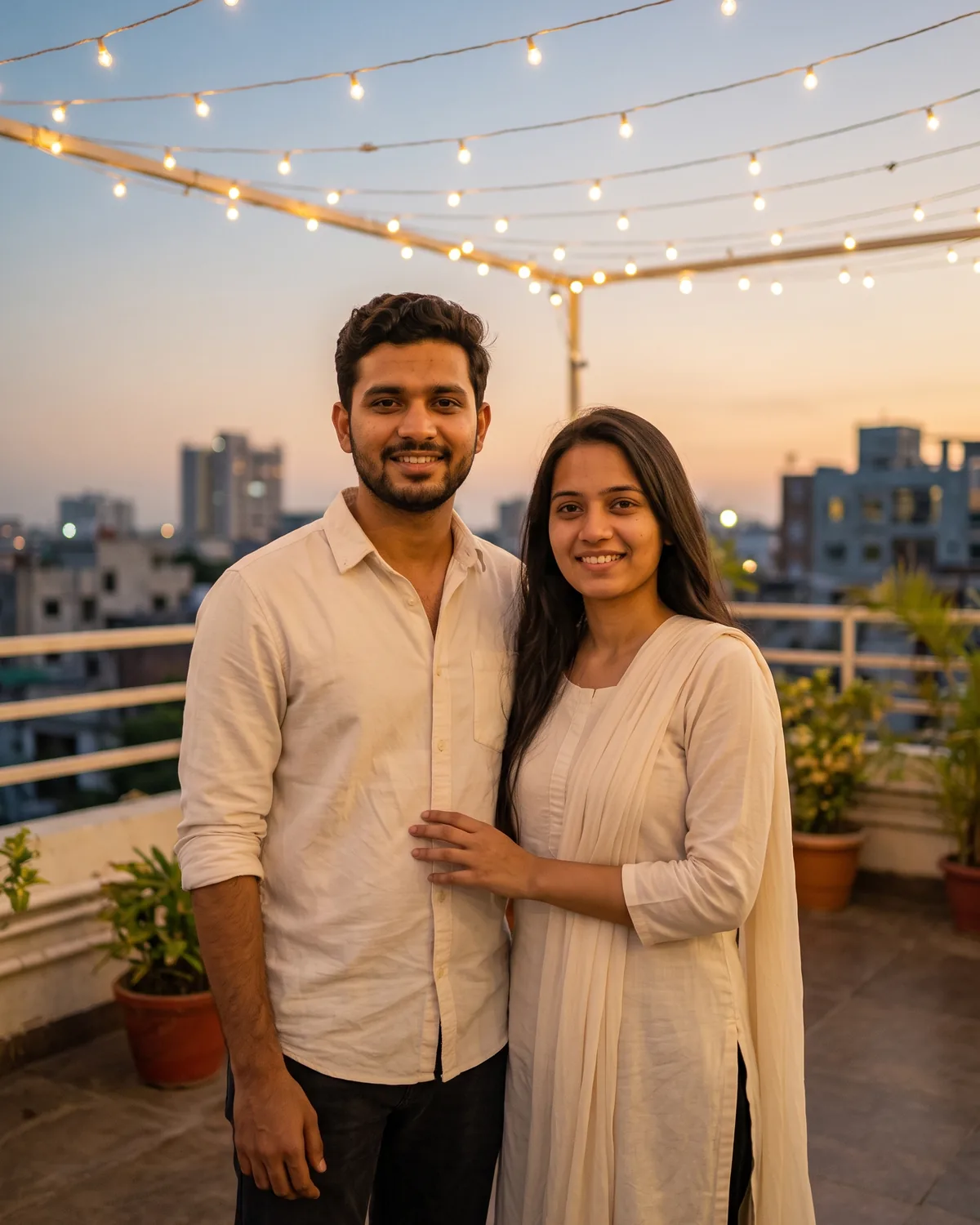 Realistic dusk photo of the same couple standing close on a city rooftop under string lights, he in an off-white shirt and dark trousers, she in an off-white kurta and dupatta with her hand on his chest, potted plants and a city skyline behind.
