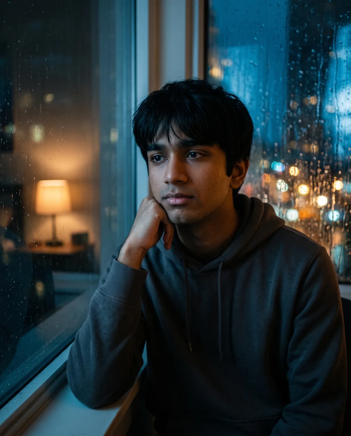 Moody colour night photo of the same boy in a dark grey hoodie, chin resting on his hand by a rain-streaked window, a warm table lamp reflected on one side and blurred blue city lights outside.
