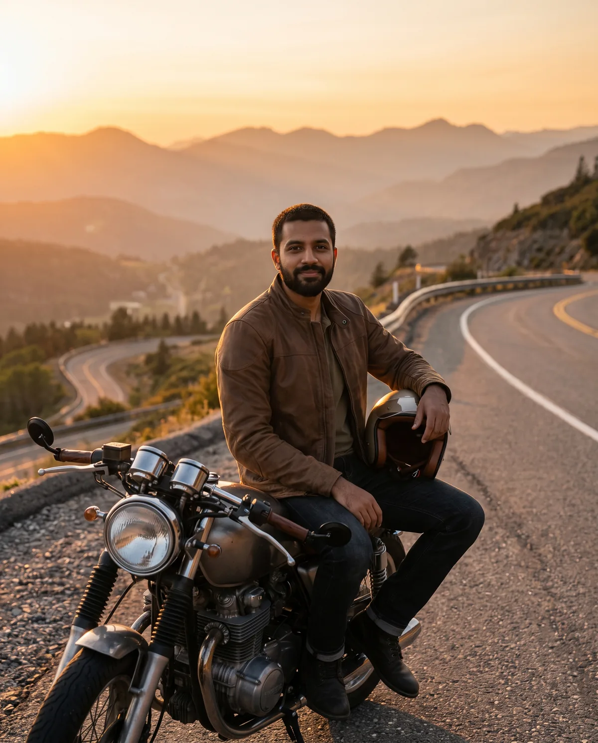 Realistic sunset photo of the same man in a brown jacket and dark jeans, sitting on an unbadged cafe-racer style motorcycle with a round headlight, holding an open-face helmet, on a winding mountain highway with hazy peaks.