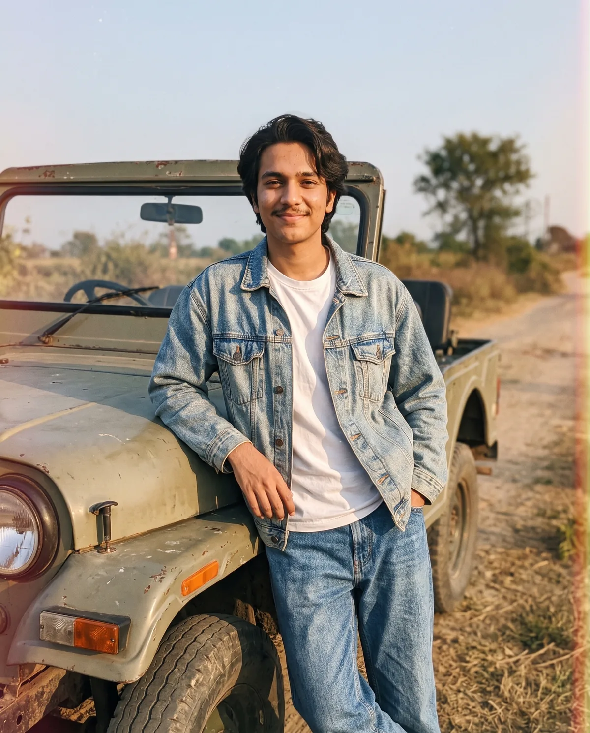Faded 90s-film-style photo of the same young man in a light-wash denim jacket, white tee and jeans, one hand in his pocket, leaning on a weathered olive open-top vintage jeep on a dusty country road.