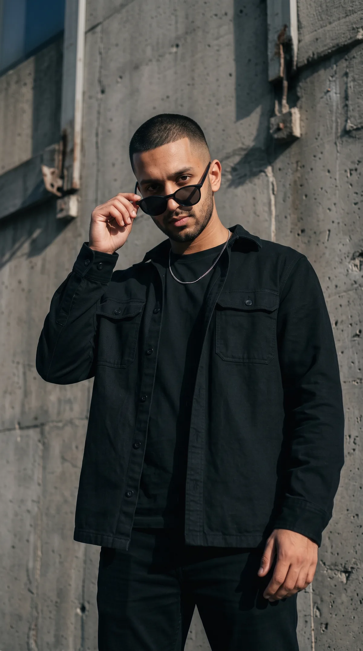 Low-angle story-format photo of the same man with a short fade and stubble beard in an all-black overshirt, tee and trousers with a thin silver chain, lowering dark round sunglasses with one hand so his eyes show above the frames, standing against a weathered grey concrete wall in hard sunlight.