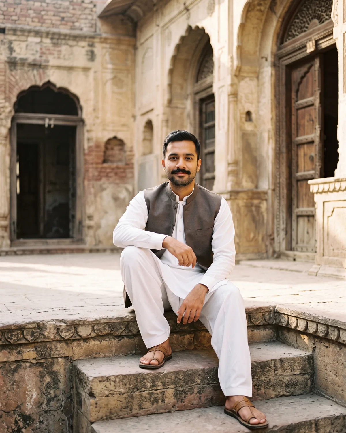 Realistic photo of the same man in a white kurta pajama, dark grey waistcoat and brown leather sandals, sitting on worn stone steps in a sunlit old haveli courtyard with carved wooden doors and arches.