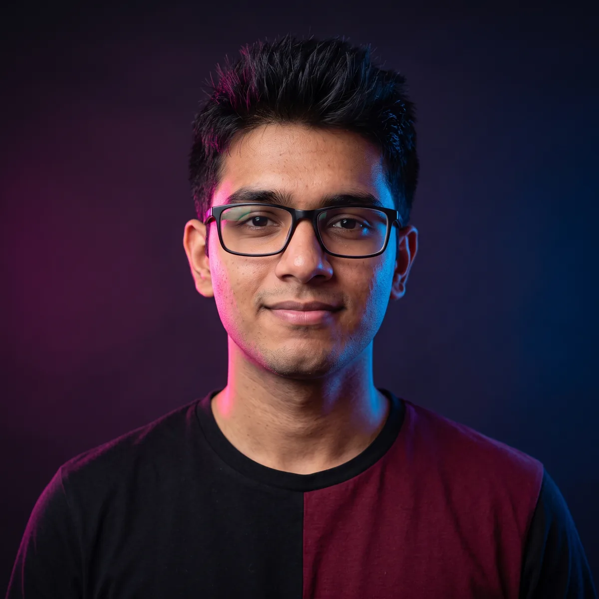Square close-up of the same young man with his glasses, in a half-black, half-maroon tee, with pink and blue neon rim light against a dark studio backdrop.