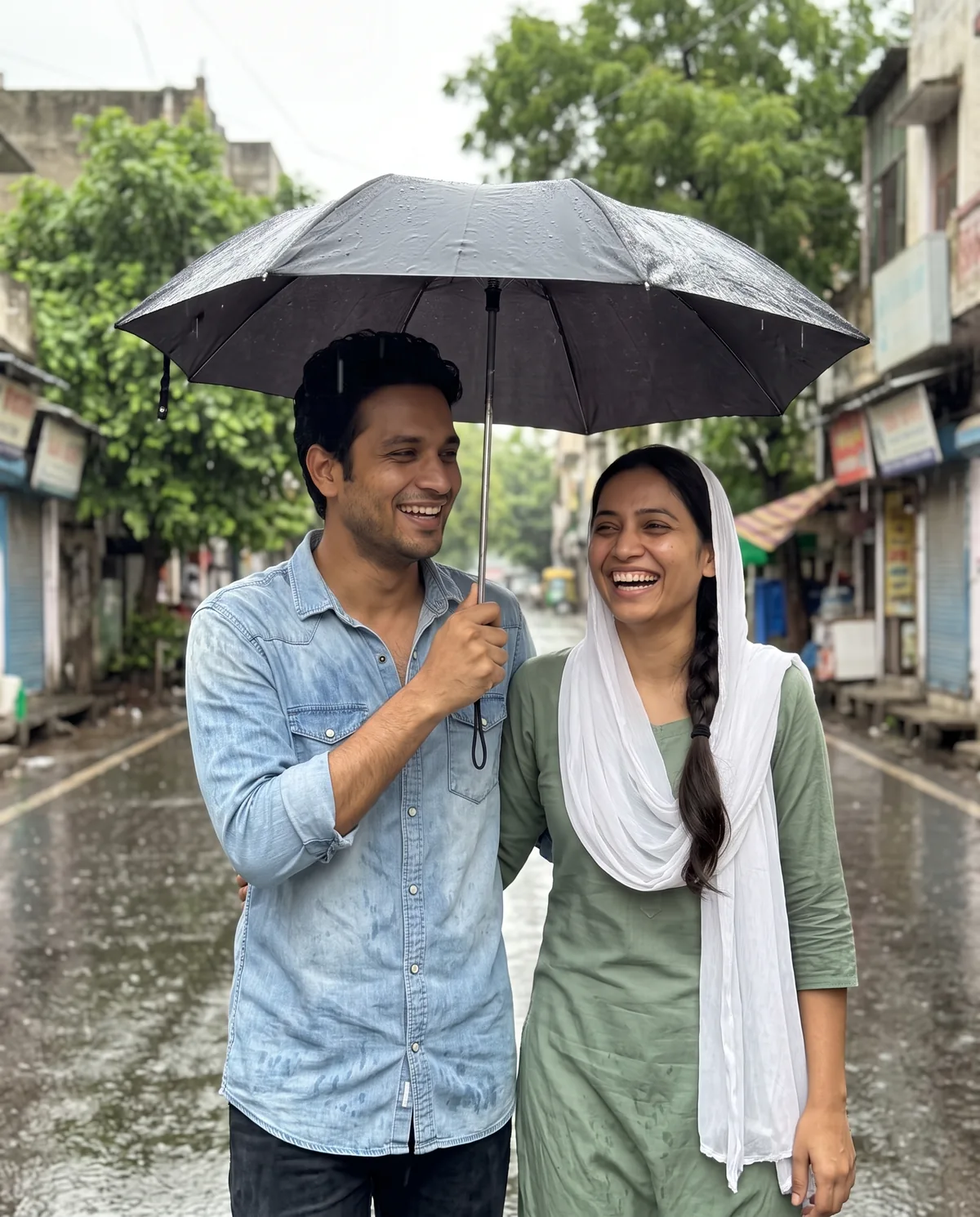 Realistic monsoon photo of the same couple laughing under one black umbrella he holds, he in a denim shirt, she in a sage-green kurti and white dupatta, on a rain-soaked street with trees and blurred shop signs.