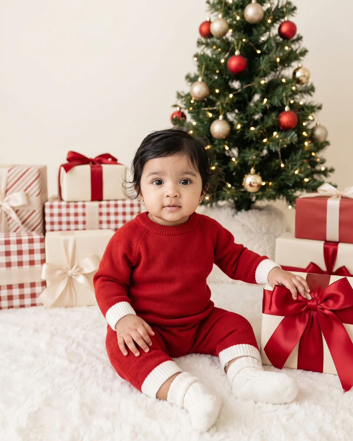 Realistic photo of the same baby in a red knit romper with white cuffs and white socks, sitting on a white fluffy rug with one hand on a gift box with a big red satin bow, among red, cream and gingham gift boxes beside a small decorated tree.