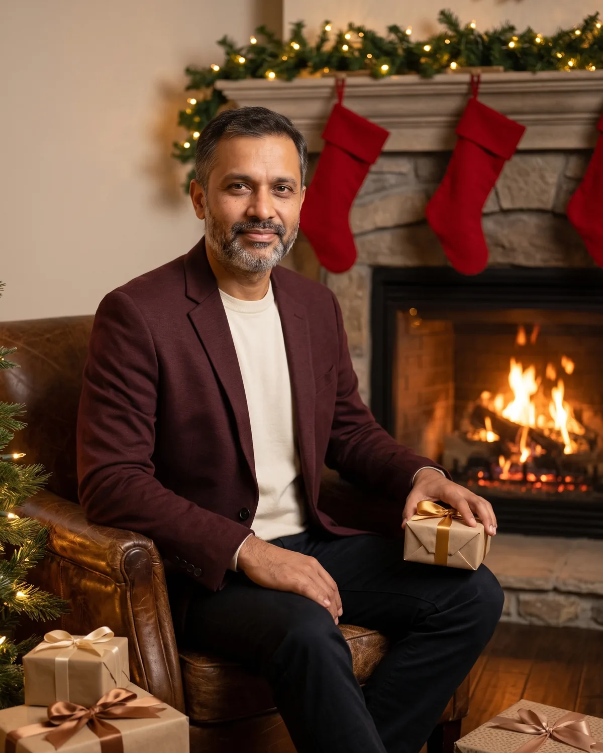 Realistic photo of the same man in a burgundy blazer over a cream top, seated in a brown leather armchair holding a small gift with a gold ribbon, beside a stone fireplace with a lit fire, red stockings and a garland mantel.