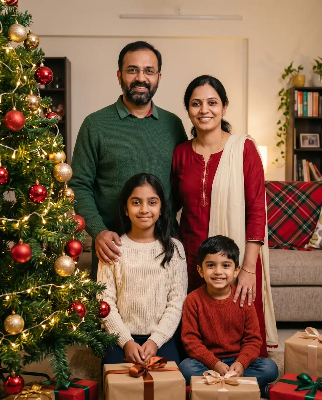 Christmas Family Photoshoot AI Prompt (Tree and Gifts) AI photo result