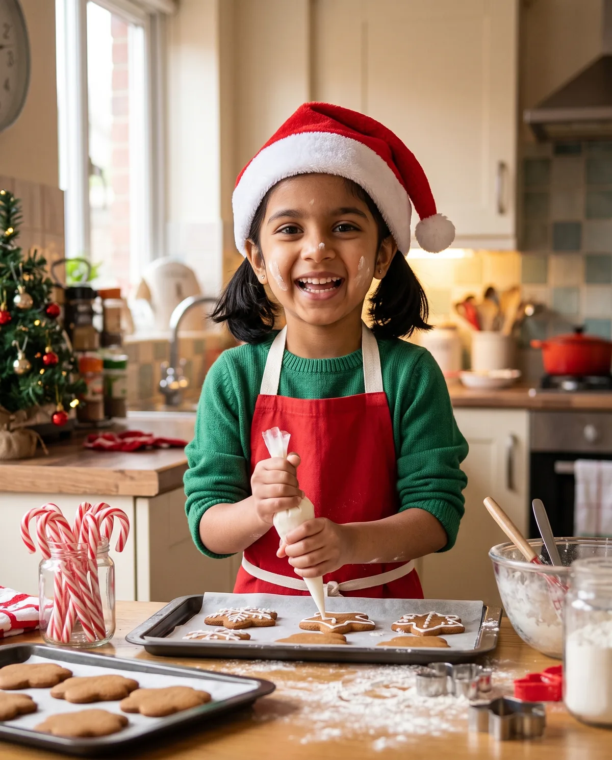 Realistic photo of the same girl in a plain red Santa hat, green sweater and red apron, laughing with flour on her face as she pipes icing onto gingerbread cookies, with a jar of candy canes and a small tree on the kitchen counter.