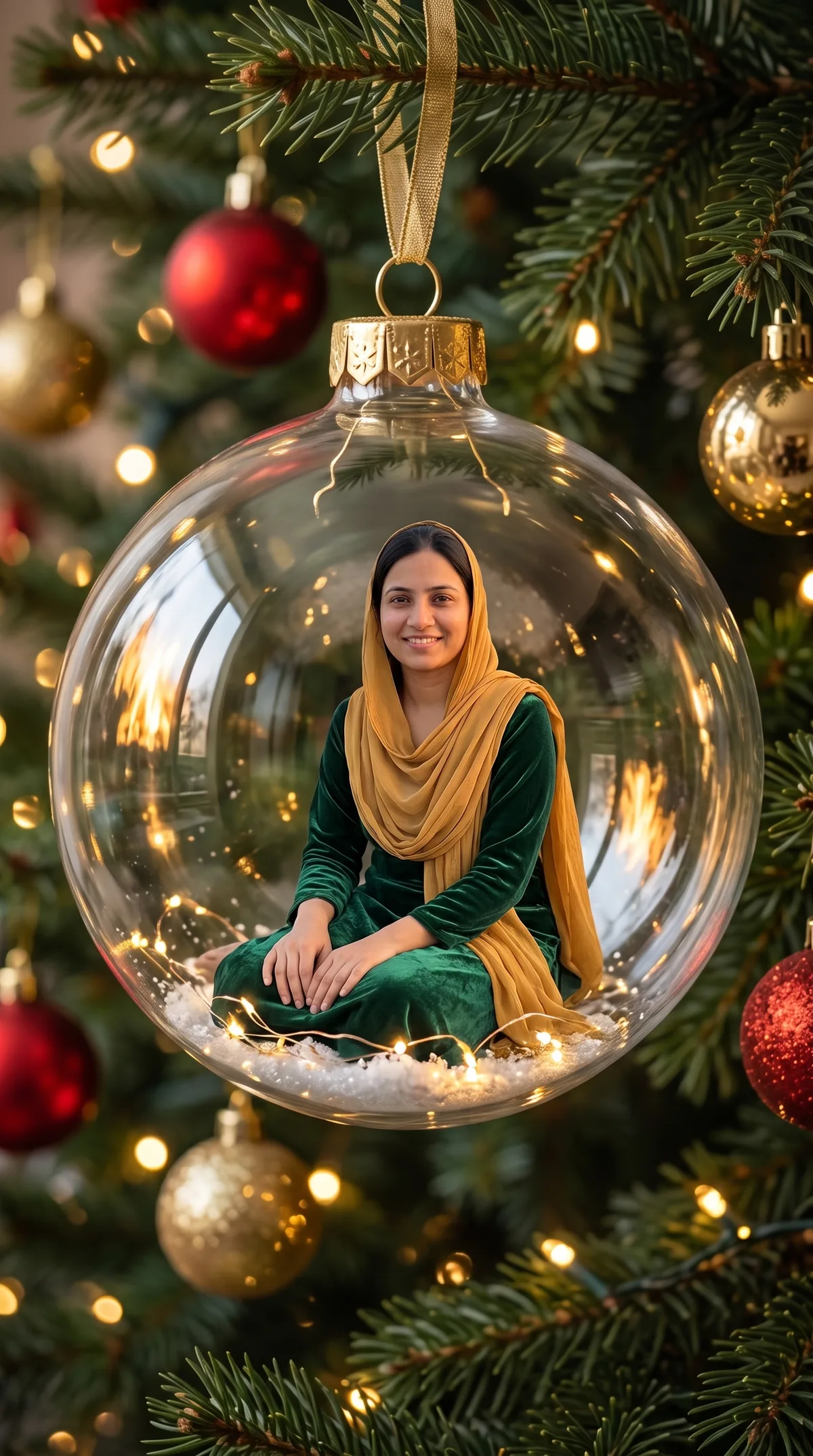 Realistic miniature-style photo of the same woman in a green velvet outfit and mustard dupatta, sitting cross-legged inside a giant clear glass ornament hanging by a gold ribbon from a pine branch among red and gold baubles.