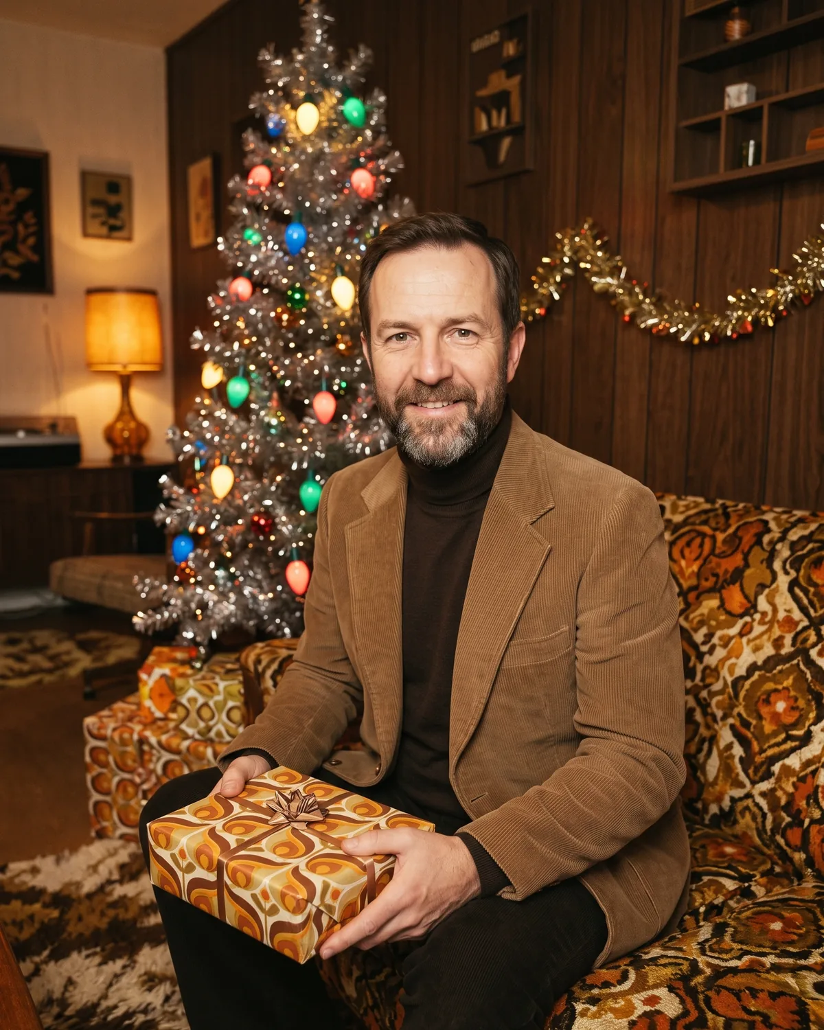 Retro-style photo of the same man in a brown corduroy jacket and dark turtleneck, seated on a patterned 1970s sofa holding a gift in retro orange paper, beside a silver tinsel tree with big coloured bulbs and wood-panelled walls.