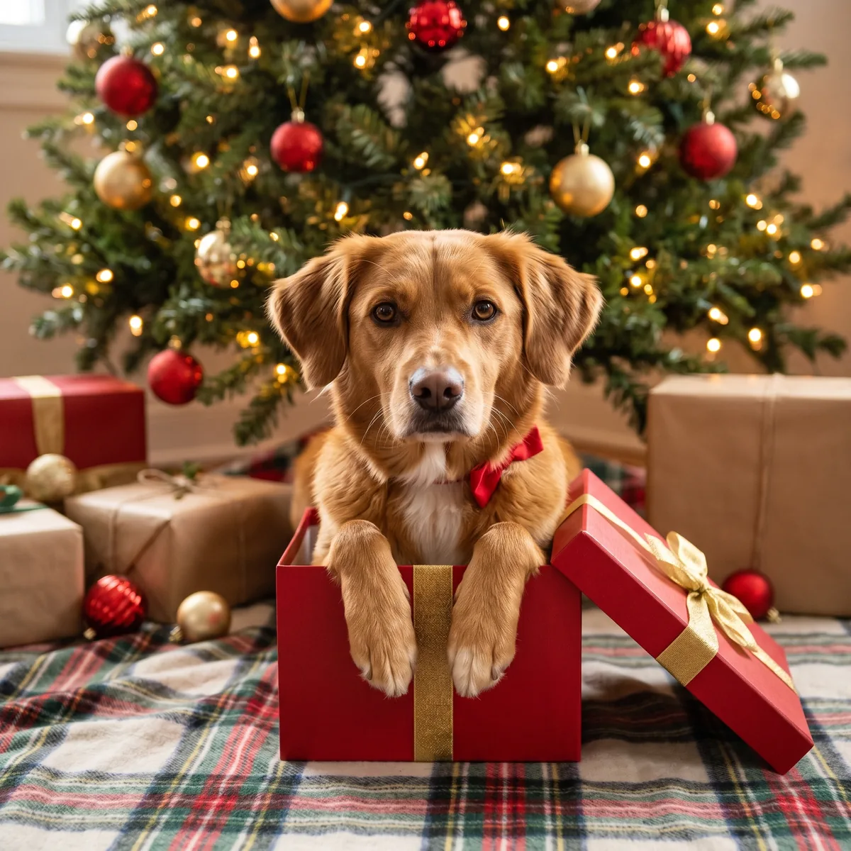Realistic photo of the same dog with a red bow on its collar, paws resting on the edge of an open red gift box with a gold ribbon, under a decorated tree with wrapped gifts on a plaid blanket.