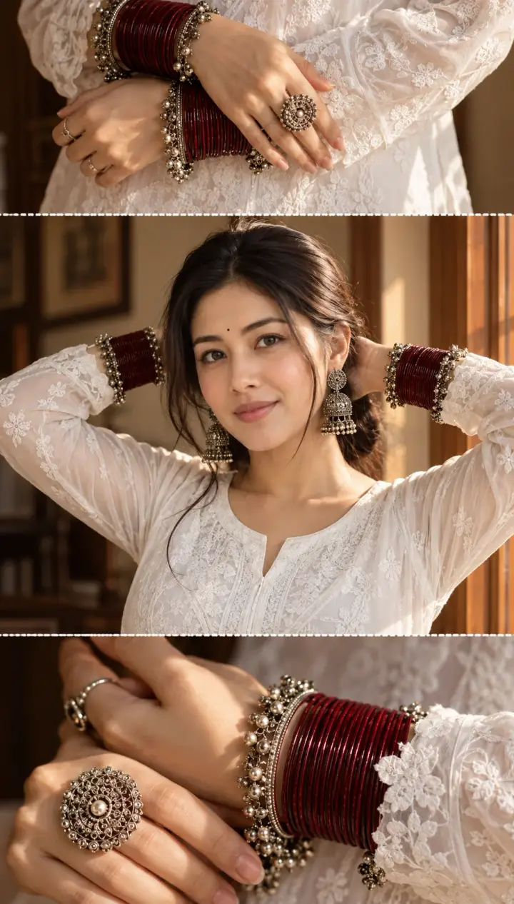 Red Bangles Saree AI Photo Prompt for Girls (Triptych) AI photo result