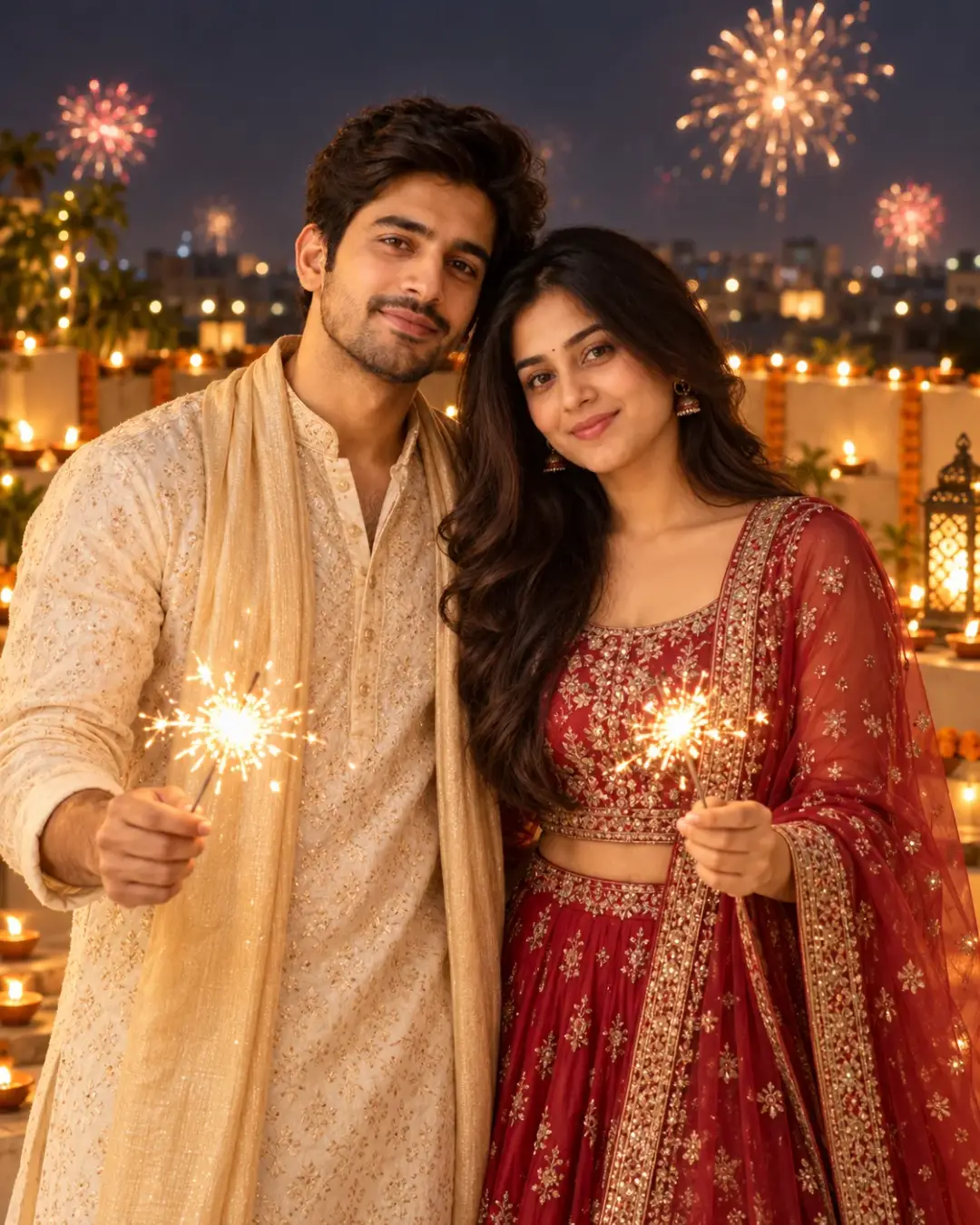 Merge Two Photos Diwali Couple AI Prompt (Sparkler) AI photo result