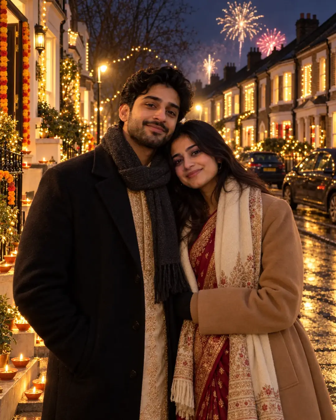 Diwali Abroad AI Photo Prompt (Winter Coats) AI photo result