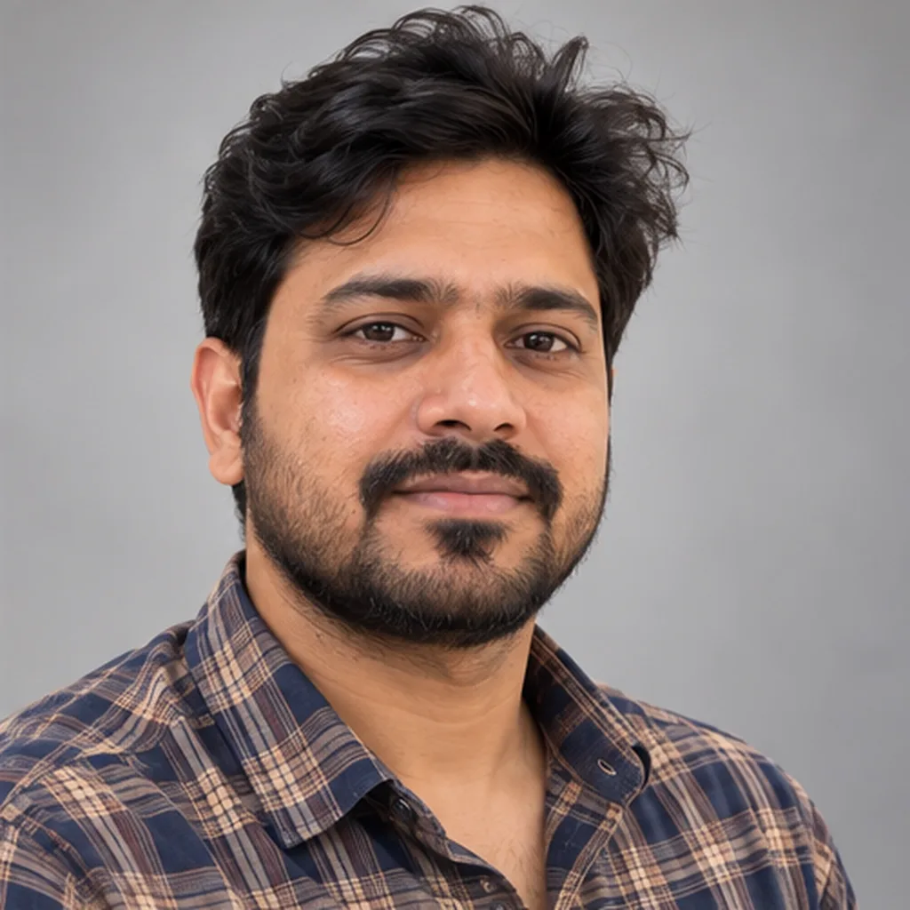 Bearded man in a plaid shirt with a neat collar, light-grey studio.