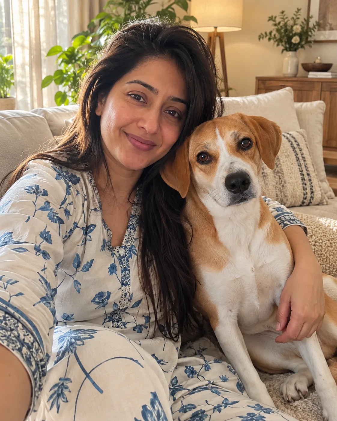 AI result showing Sofa Pet Merge Two Photos Prompt for Gemini (Person & Pet)