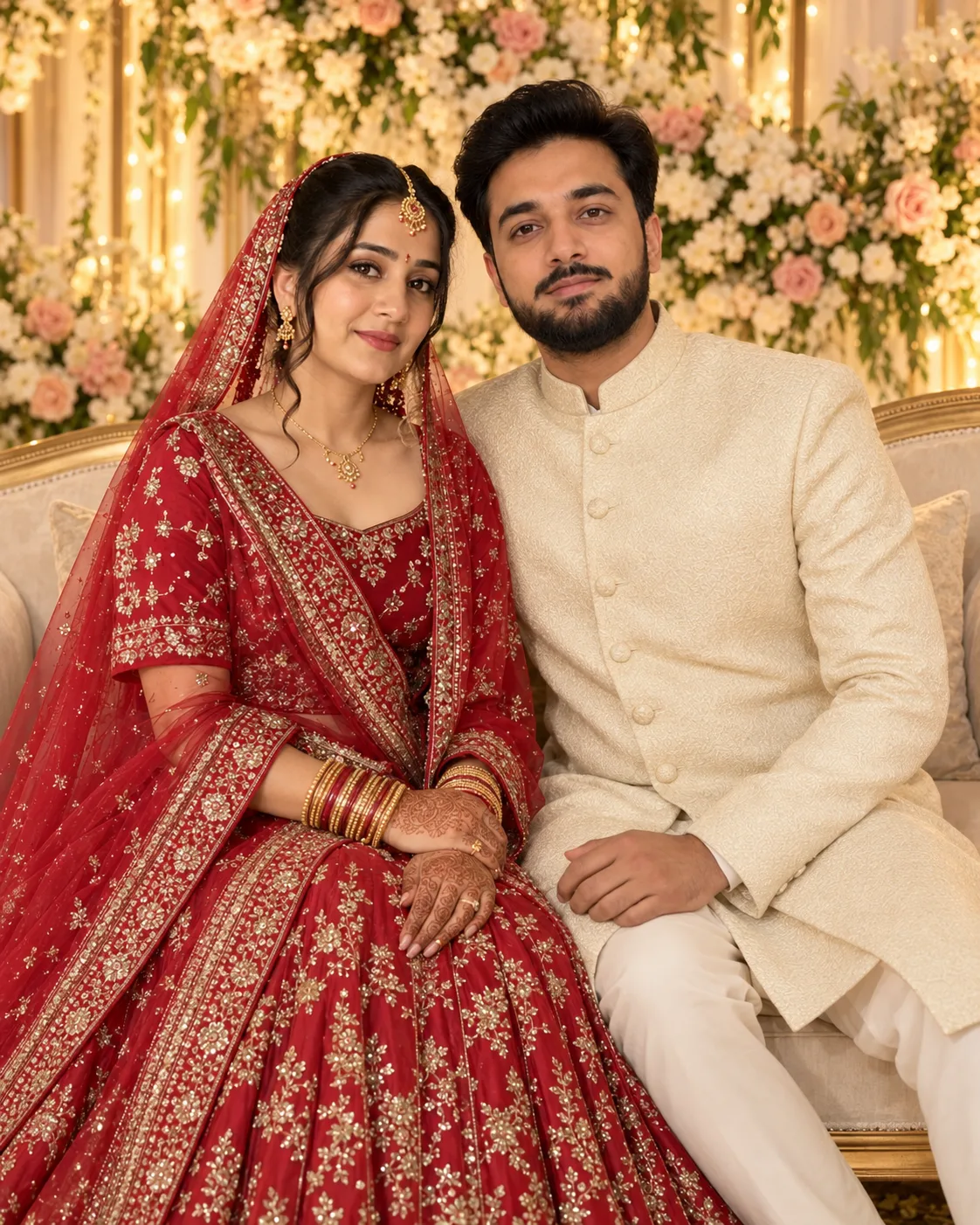 AI result showing Wedding Stage Merge Two Photos Prompt for Gemini (Couple)
