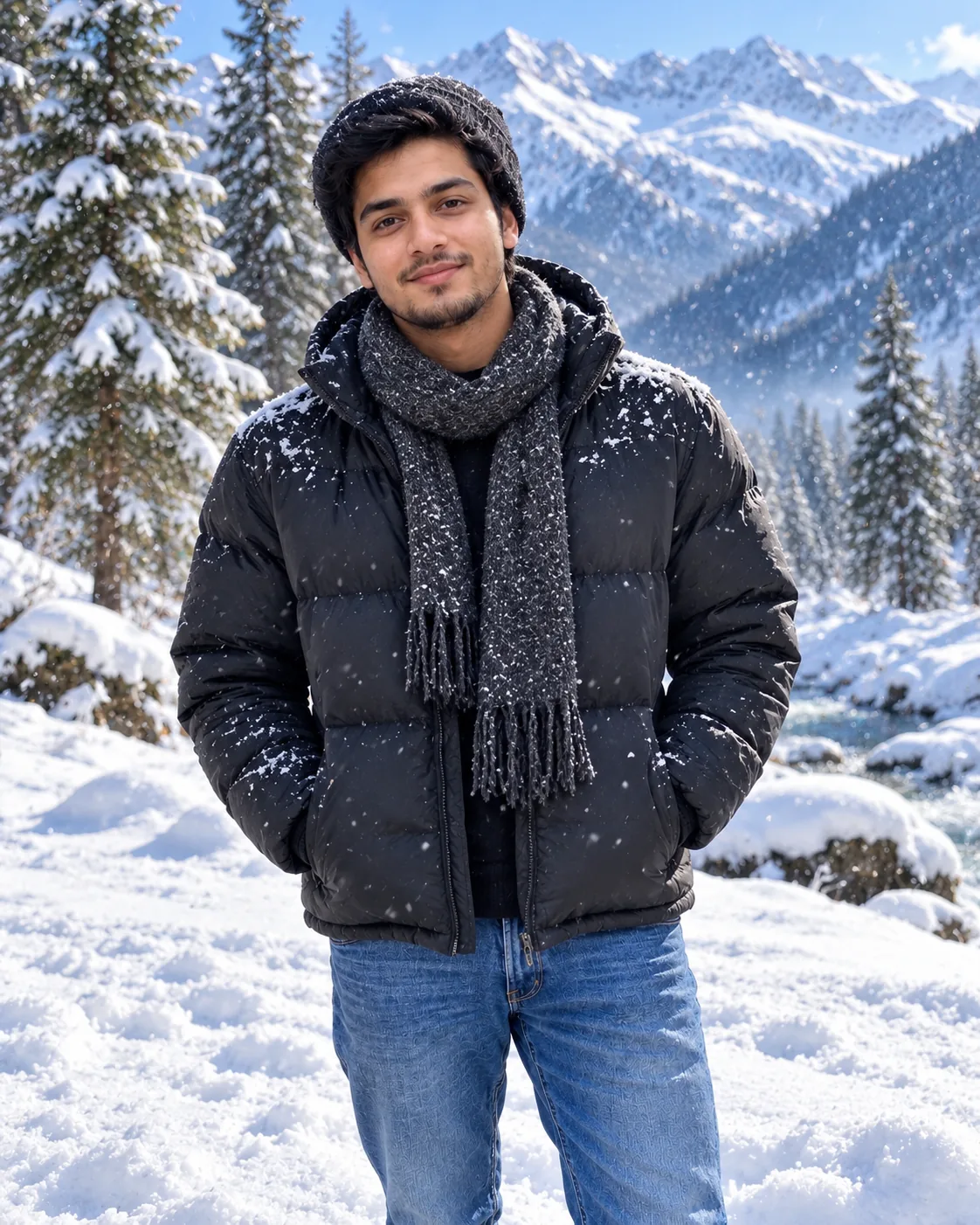 Young man in a black puffer jacket, grey beanie and scarf, in a snowy pine valley under a clear blue sky.