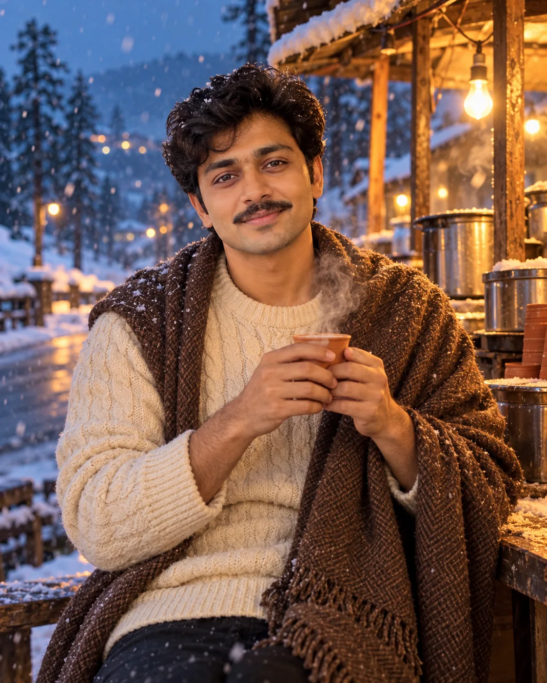 Young man in a cream cable-knit sweater and brown wool shawl, holding a steaming clay chai cup at a snowy tea stall.