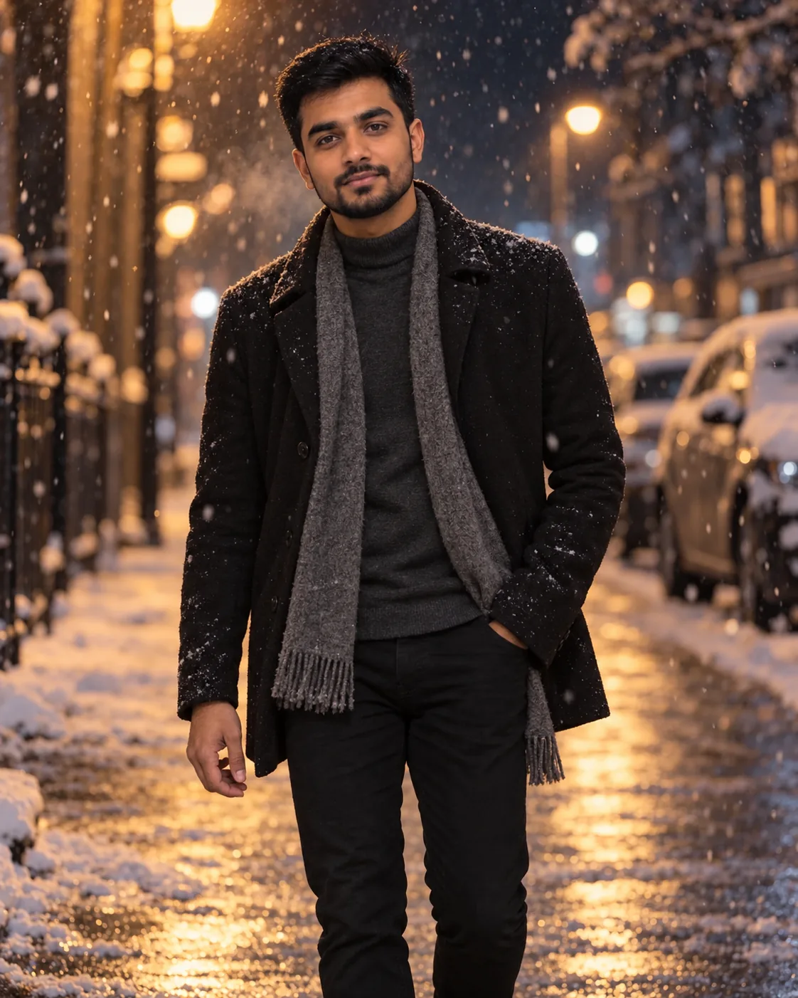 Young man in a black coat, charcoal turtleneck and grey scarf, on a snowy city street at night.