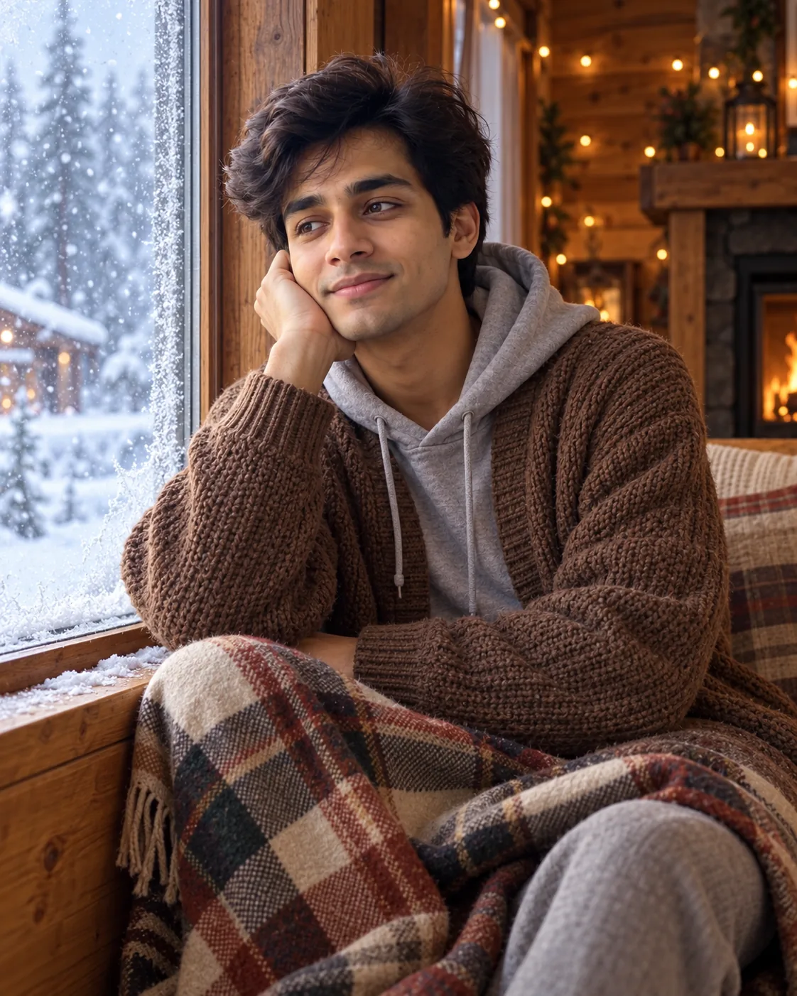 Young man in a brown knit cardigan over a grey hoodie, by a frosted cabin window with fairy lights.