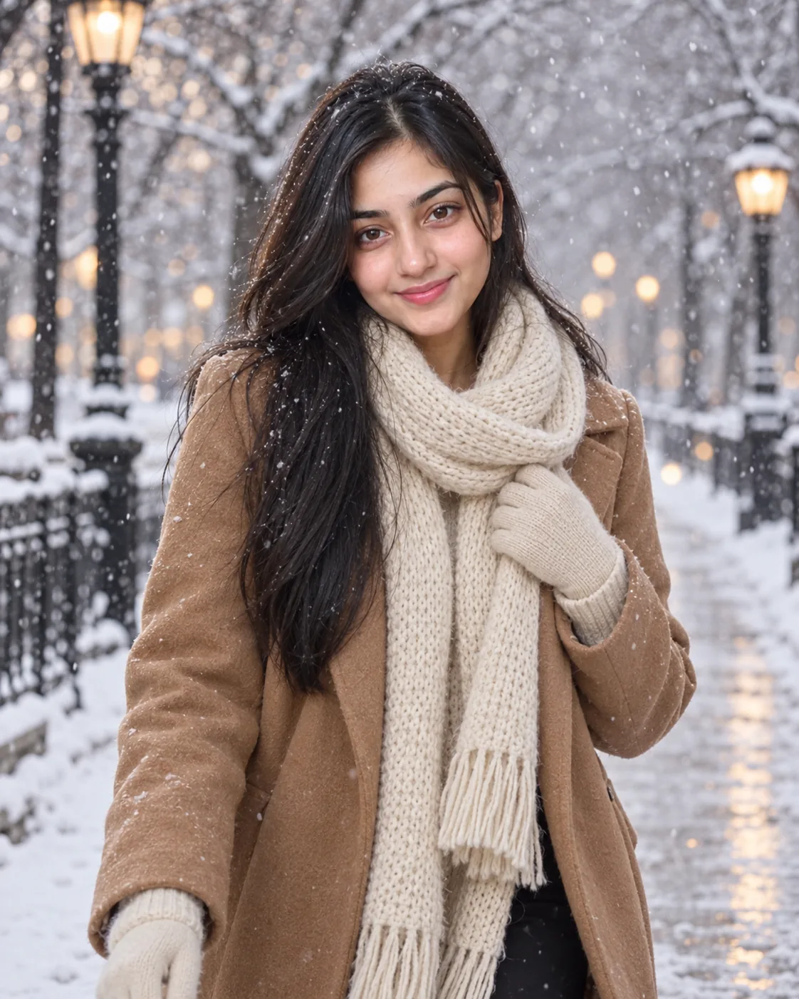 AI result showing Long Coat Snowfall Winter AI Photo Prompt for Girls