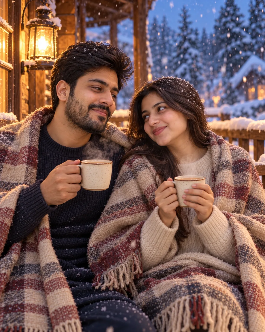 AI result showing Shared Shawl Couple Winter AI Photo Prompt (Chai)