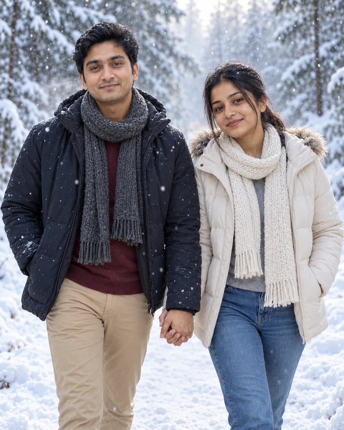Couple walking hand in hand on a snowy pine forest path in winter jackets and scarves.