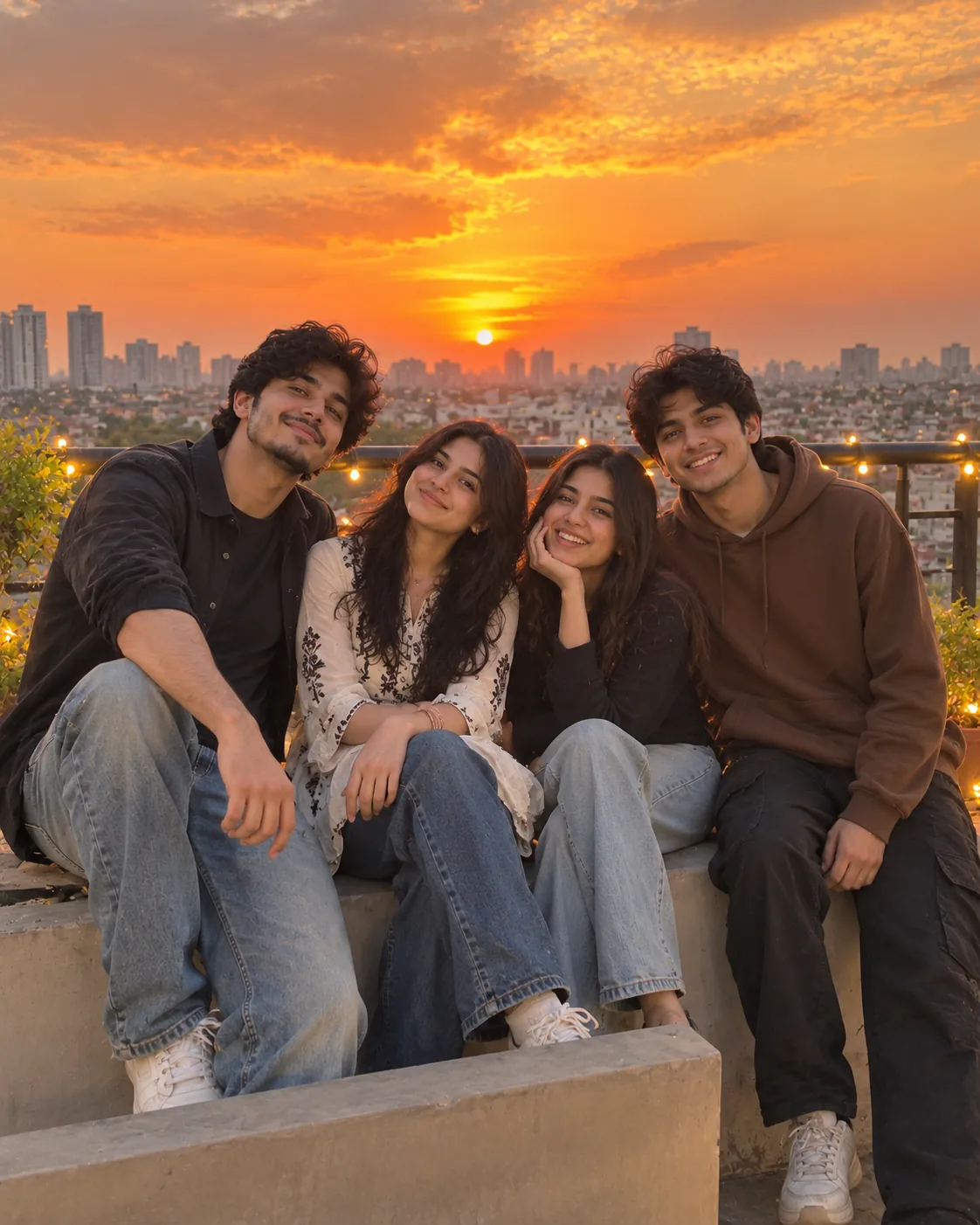 Source photo for Rooftop Sunset Anime Friends AI Photo Prompt