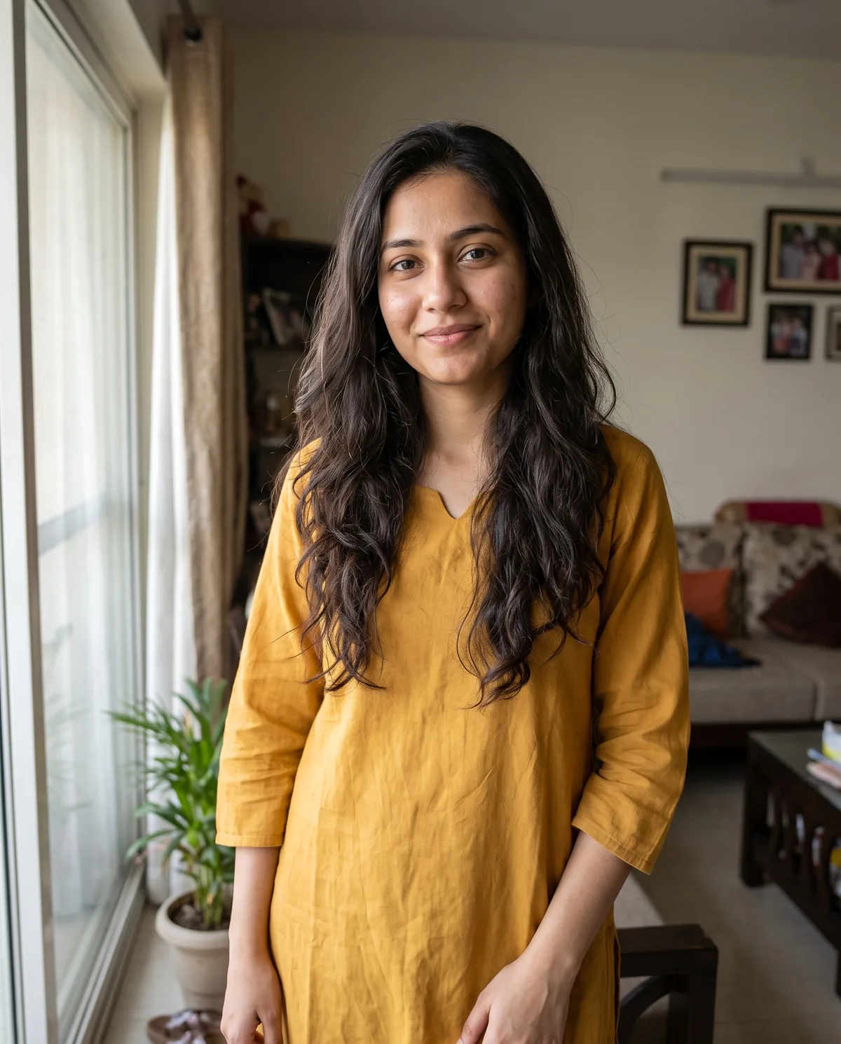 Young South Asian woman with long dark wavy hair in a mustard cotton kurti, standing by a window in a home living room with a sofa and framed photos.
