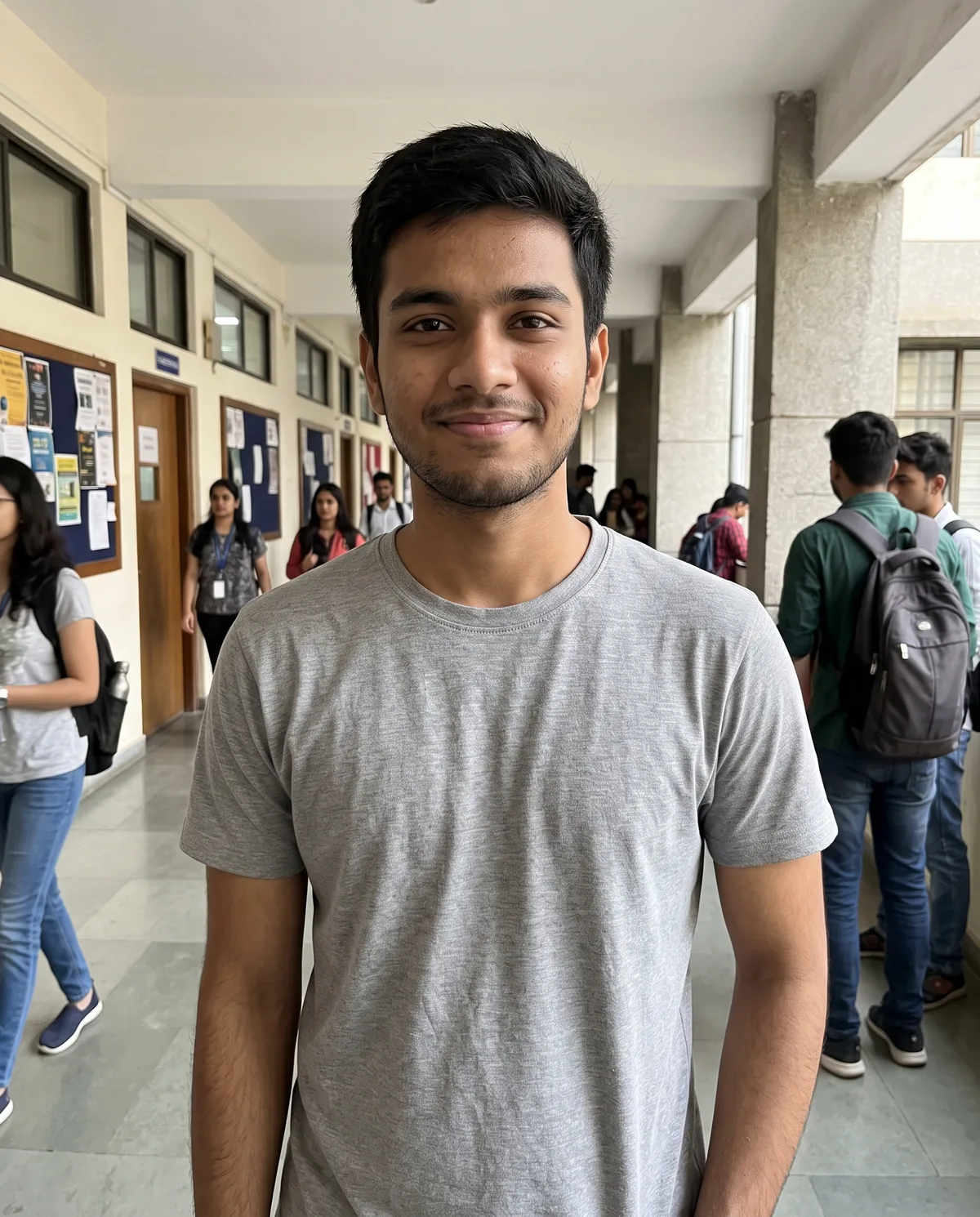 Young South Asian man with short black hair and light stubble in a grey t-shirt, in a busy college corridor with notice boards and students.