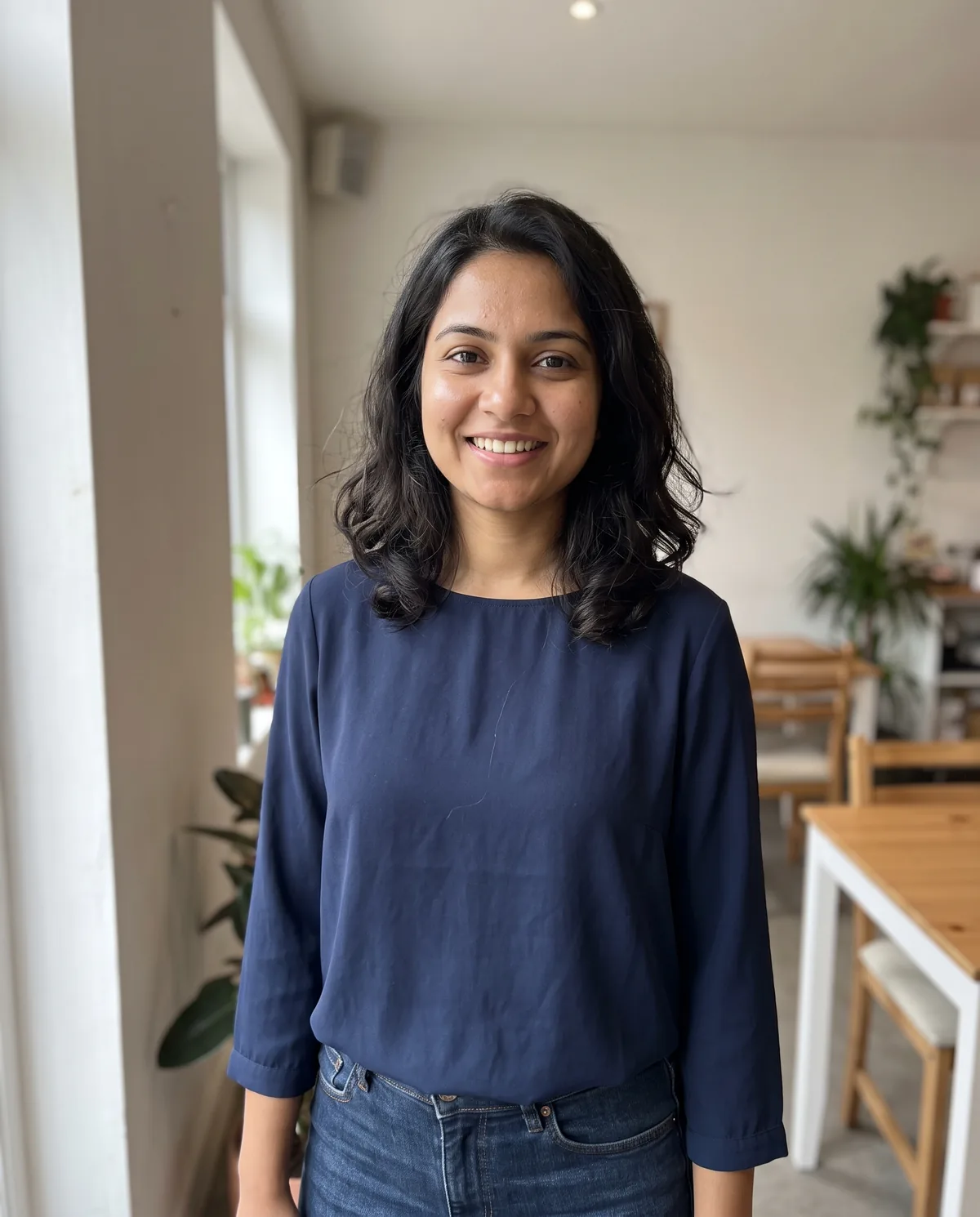 South Asian woman with shoulder-length wavy dark hair in a navy blouse and jeans, smiling in a bright café-style room with wooden tables and plants.