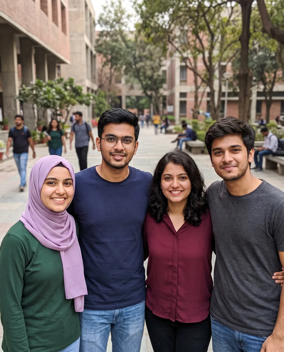 Four young South Asian friends on a college campus walkway: a woman in a lilac hijab and green top, a man with glasses in a navy t-shirt, a woman with curly hair in a maroon blouse, and a man in a grey t-shirt.